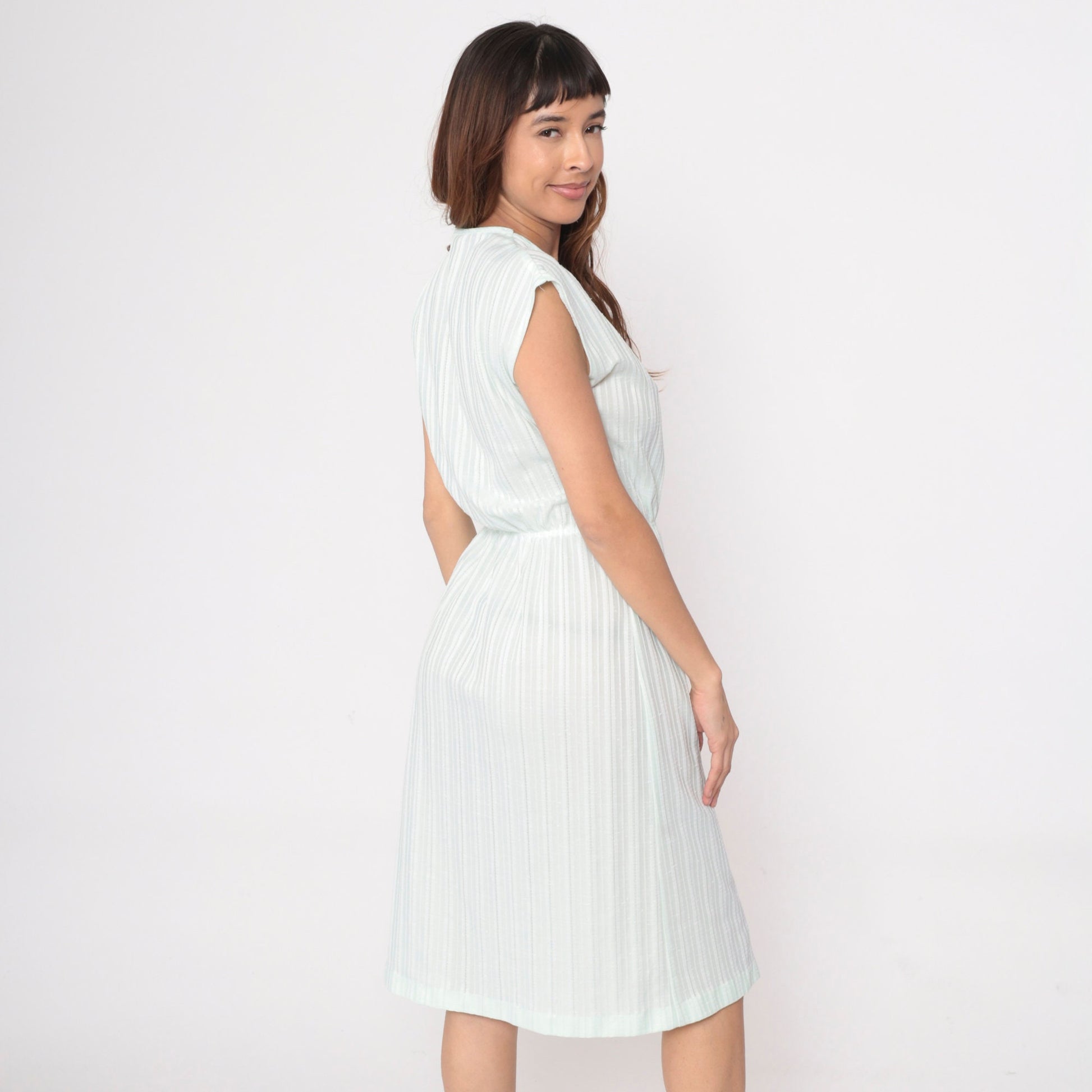 70s Pale Green Striped Midi Dress Cap Sleeve High Waist Small Medium