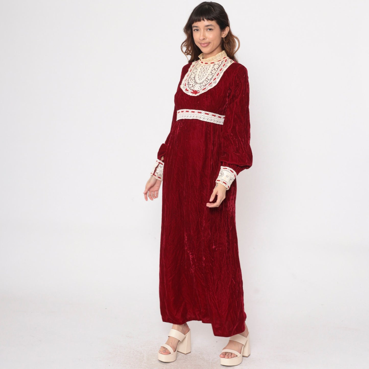 70s Red Velvet Maxi Dress Empire Waist Lace Bib Balloon Sleeve Medium