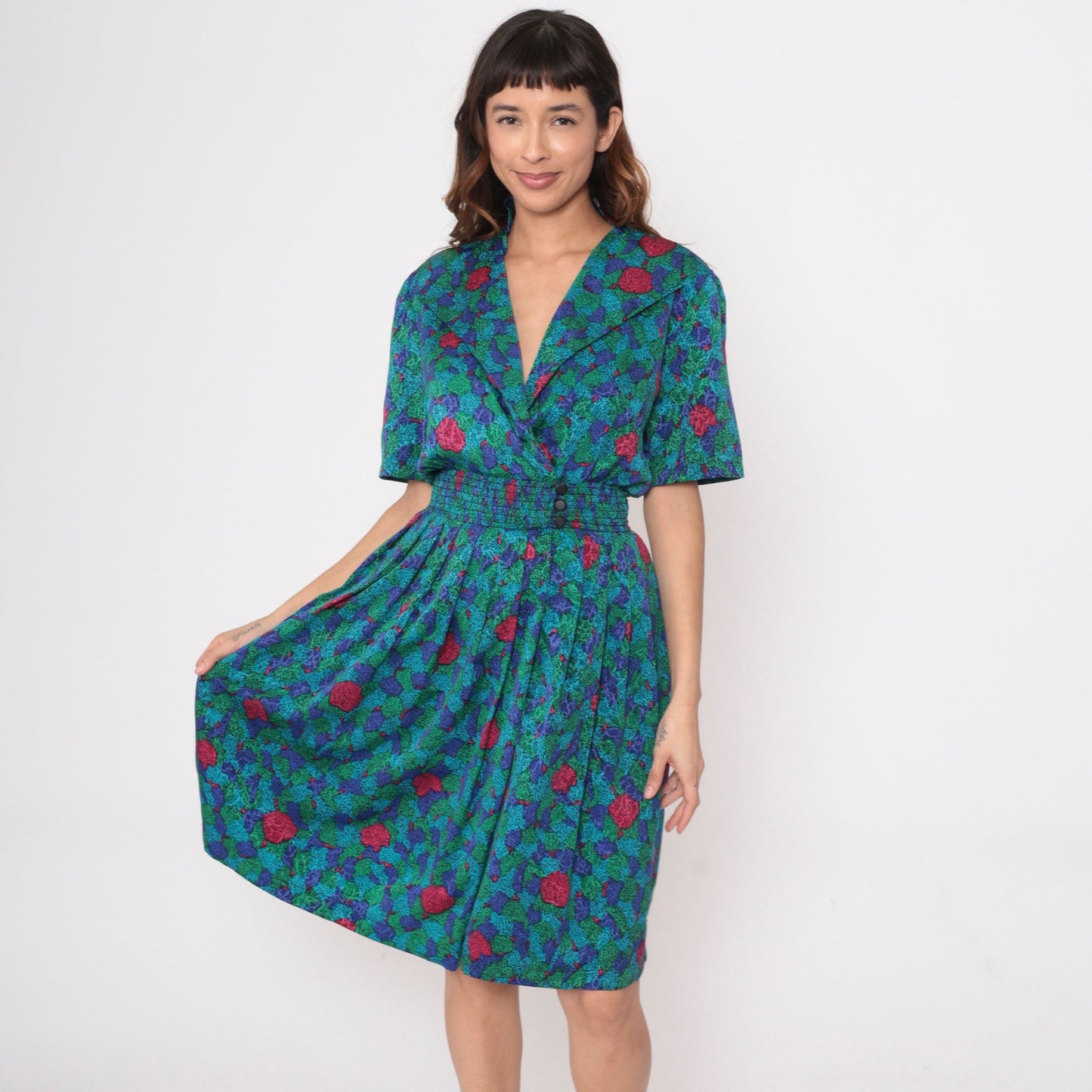 80s Abstract Floral Midi Dress Surplice Neck Pleated Elastic Waist Extra Small