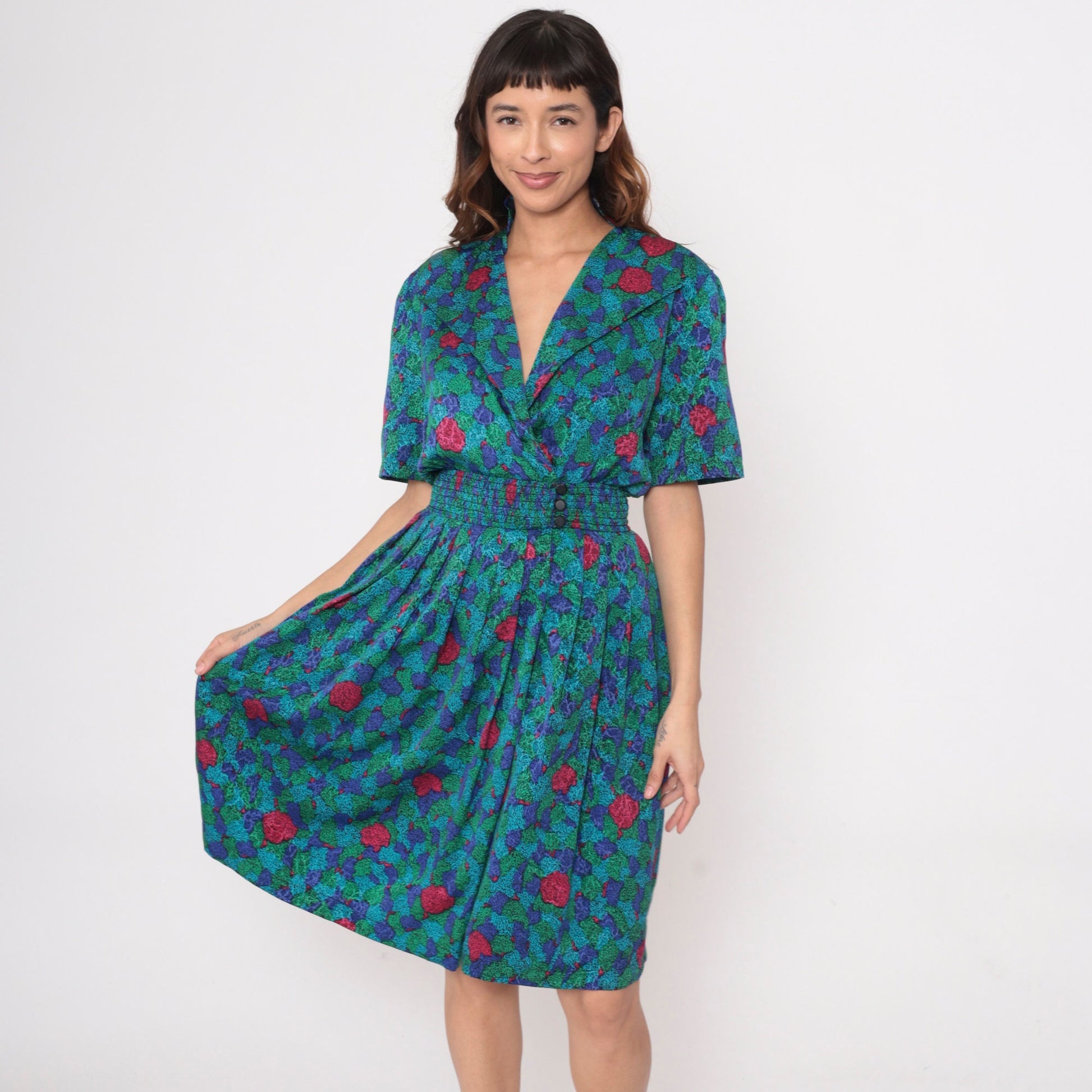 80s Abstract Floral Midi Dress Surplice Neck Pleated Elastic Waist Extra Small