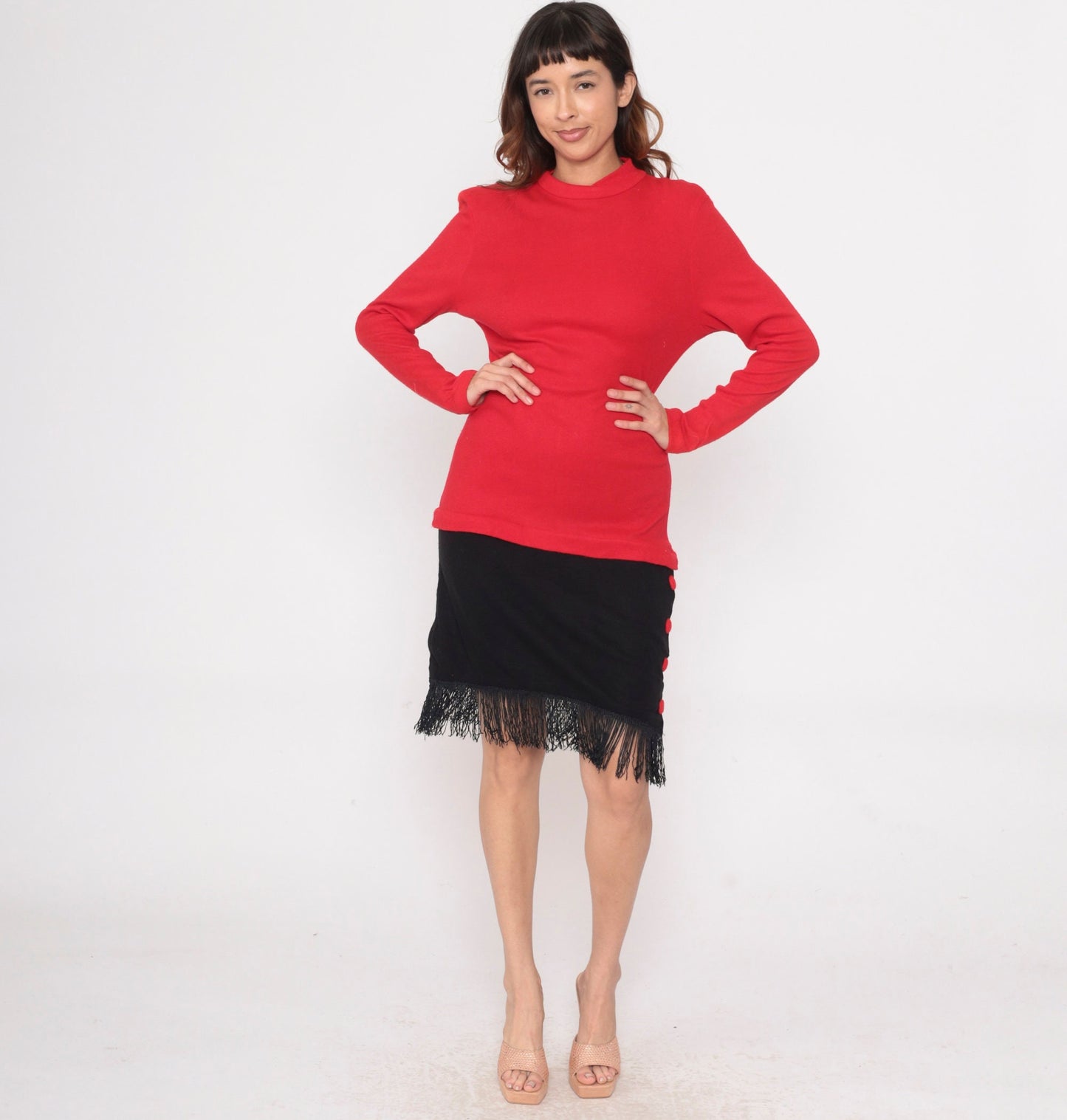 80s Color Block Dress Red Black Fringe Mock Neck Drop Waist Small