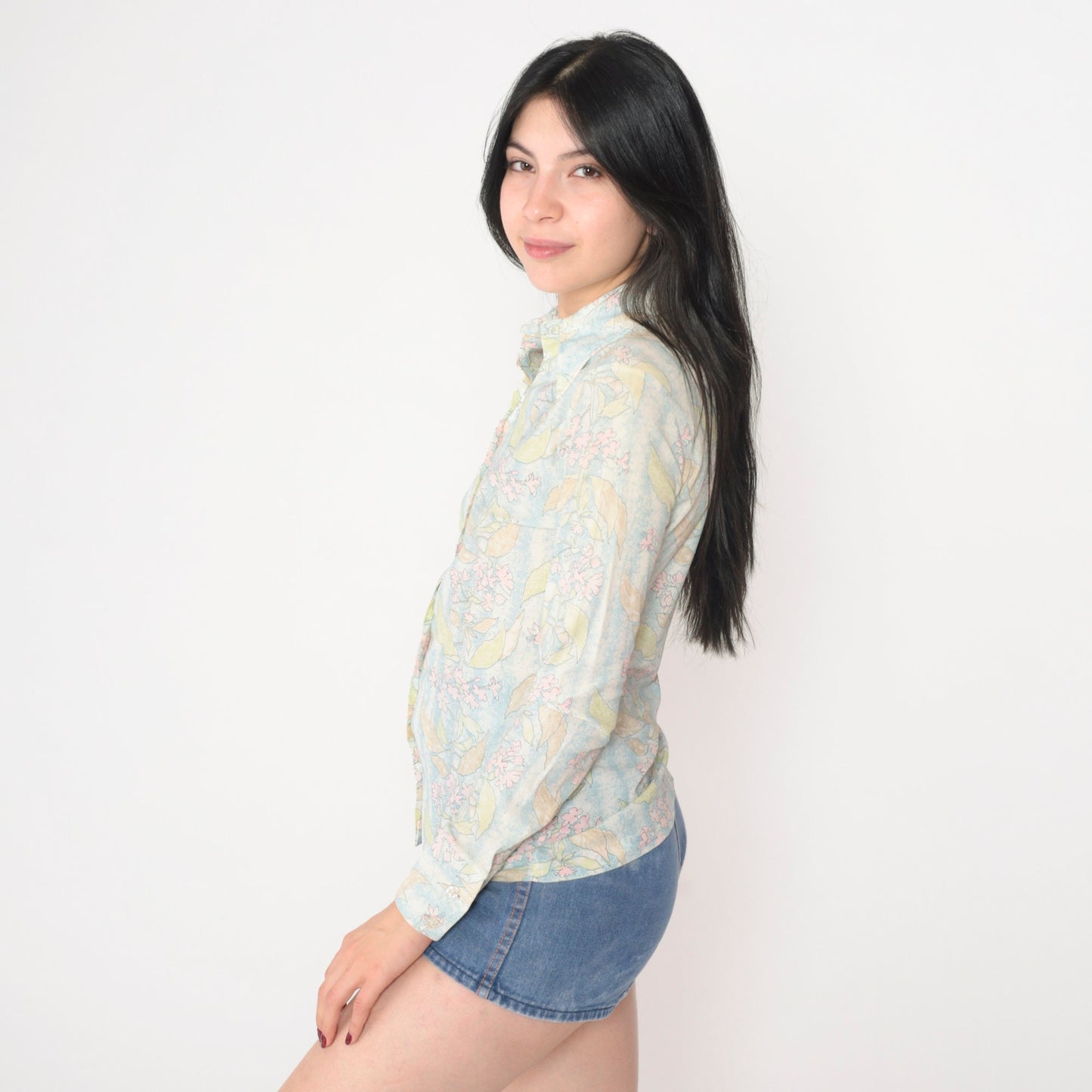 70s Floral Print Dagger Collar Blouse Long Sleeve Button Up Blue White Small