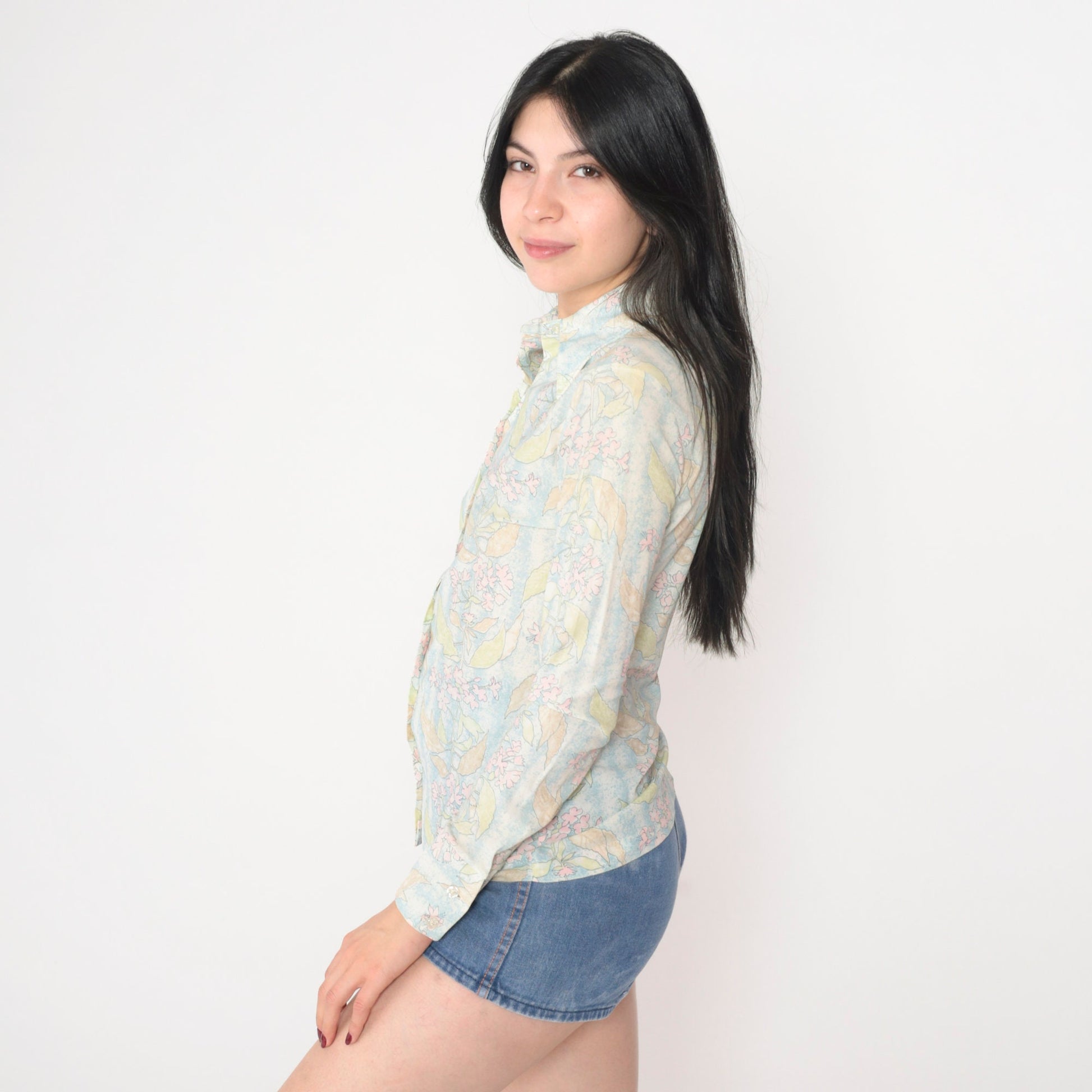 70s Floral Print Dagger Collar Blouse Long Sleeve Button Up Blue White Small