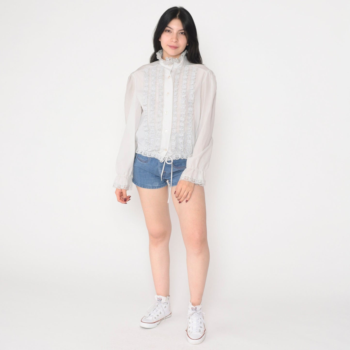 70s Off-White Lace Trim Puff Sleeve Button-Up Blouse High Neck Medium M