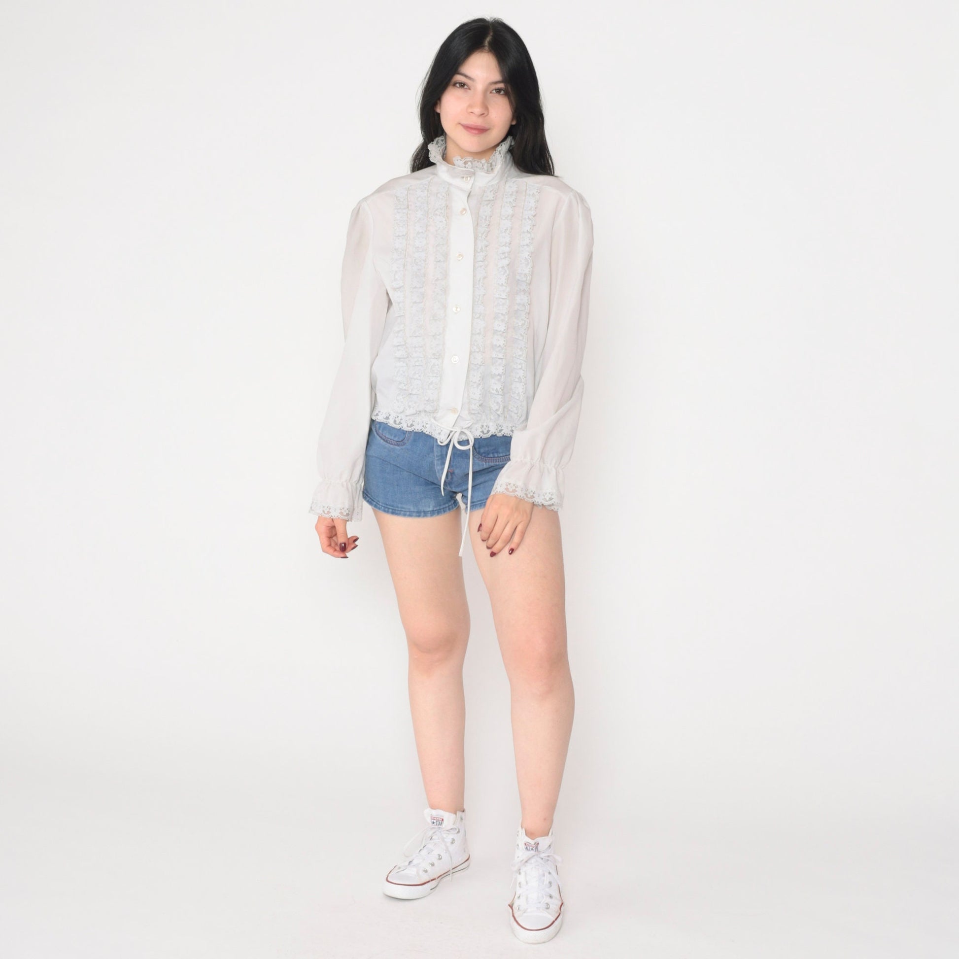 70s Off-White Lace Trim Puff Sleeve Button-Up Blouse High Neck Medium M