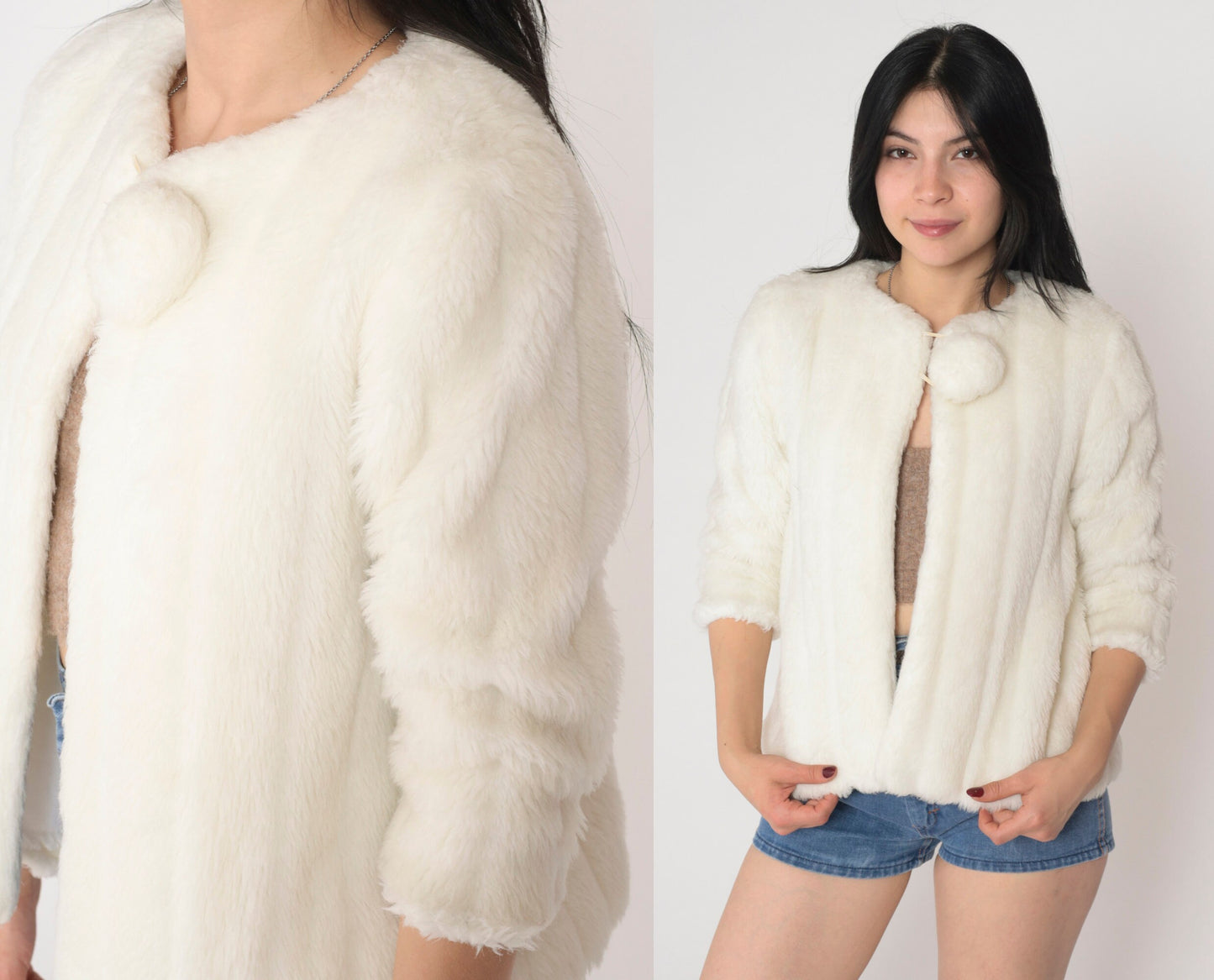 90s Off-White Faux Fur Jacket Open Front Tie Neck Pom Pom Extra Small