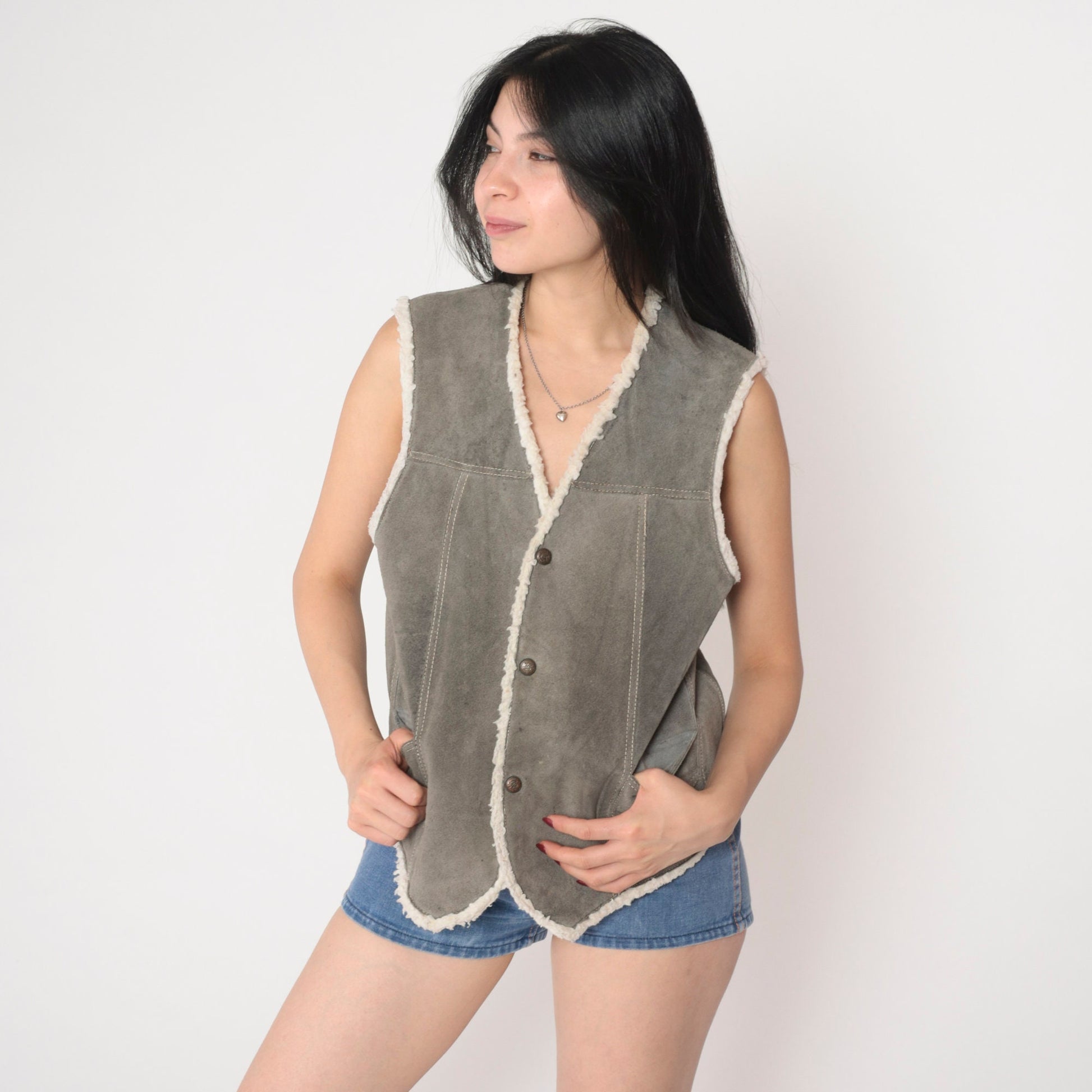 80s Grey Suede Vest Faux Shearling Lined Snap Front Sleeveless Medium
