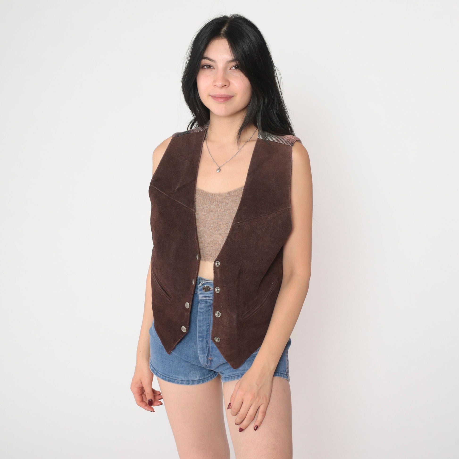 90s Brown Suede Leather Vest Plaid Back Snap Front Medium M