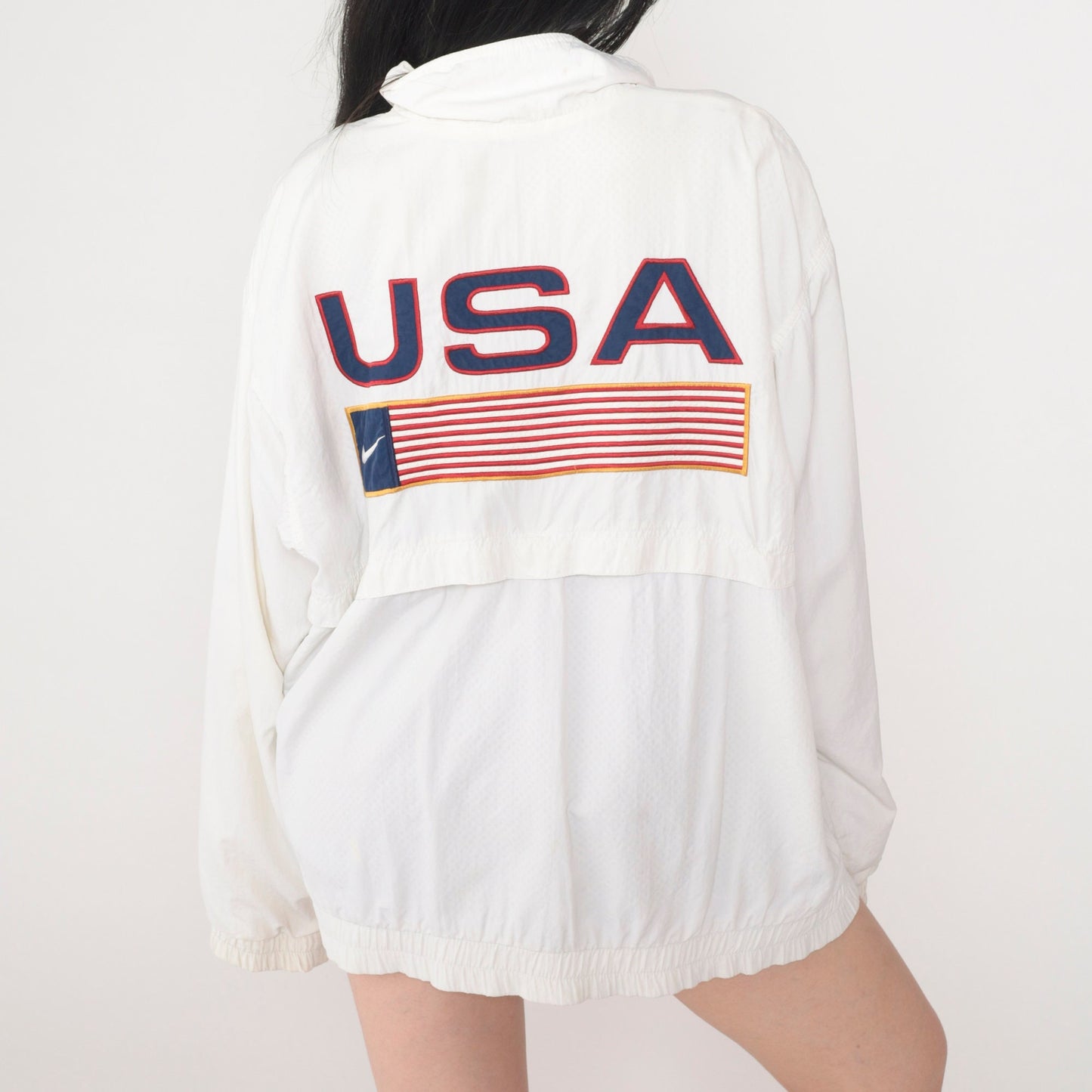 Nike Y2K White Windbreaker Jacket USA Flag Swoosh Nylon Large