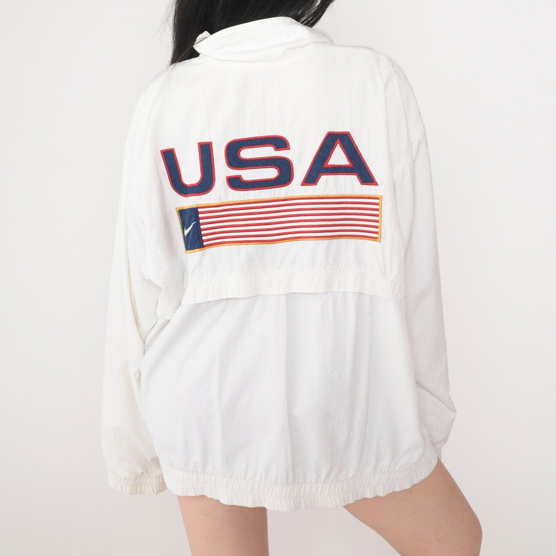 Nike Y2K White Windbreaker Jacket USA Flag Swoosh Nylon Large