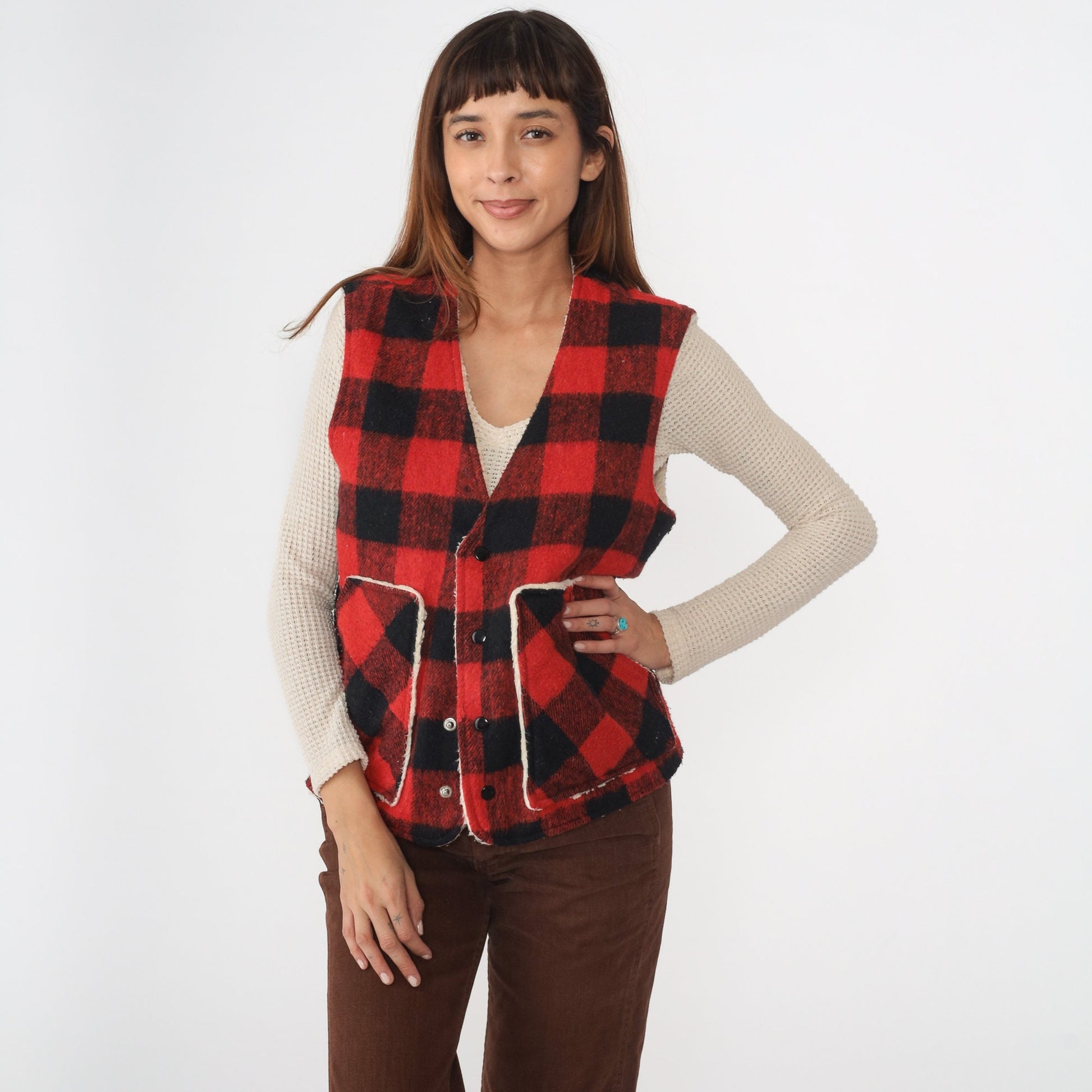 80s Buffalo Plaid Wool Vest Sherpa Lined Snap Button Red Lumberjack Large