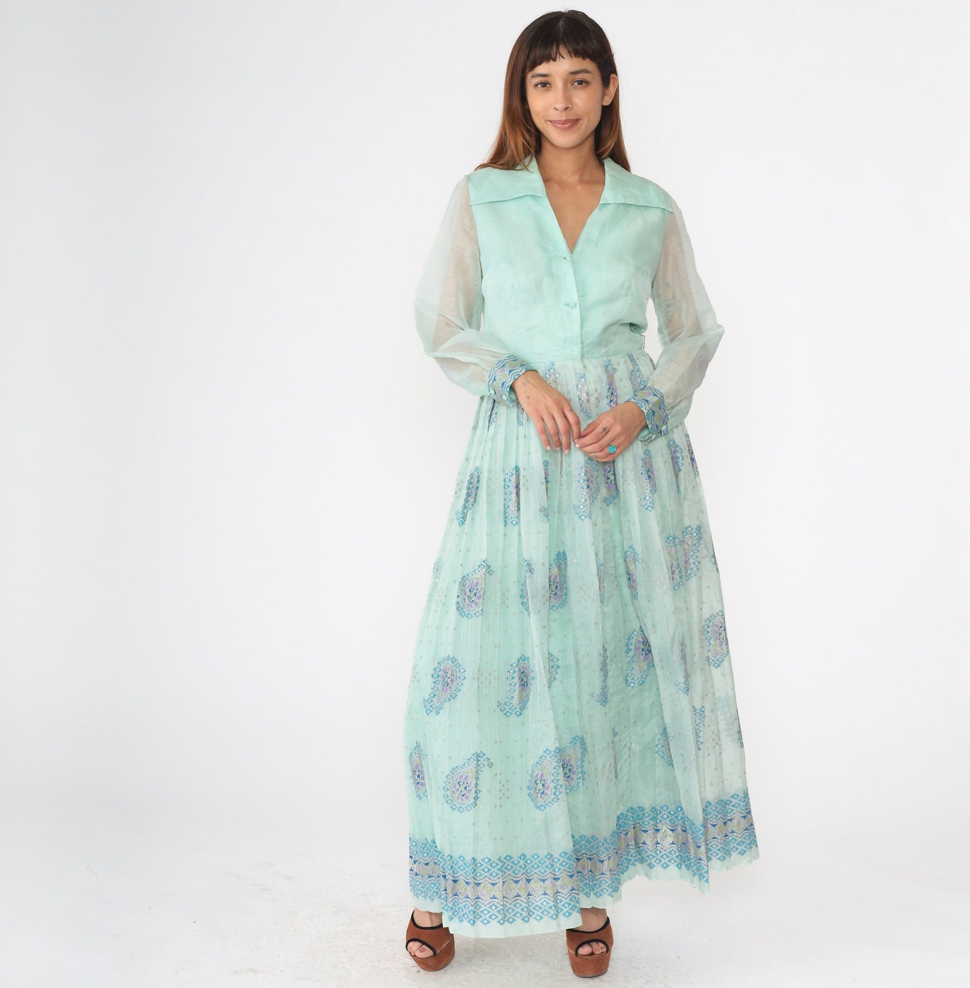 70s Alfred Shaheen Mint Paisley Maxi Dress V-Neck Sheer Sleeve Medium