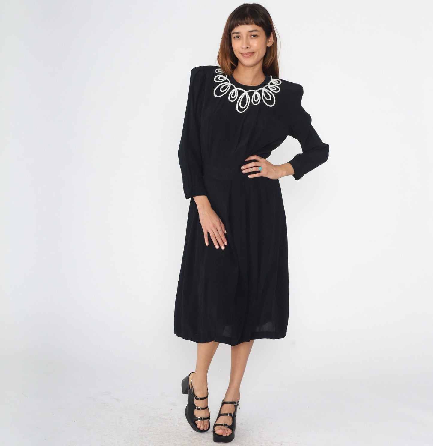 90s Black Midi Dress White Soutache Trim Power Shoulder Puff Sleeve Small