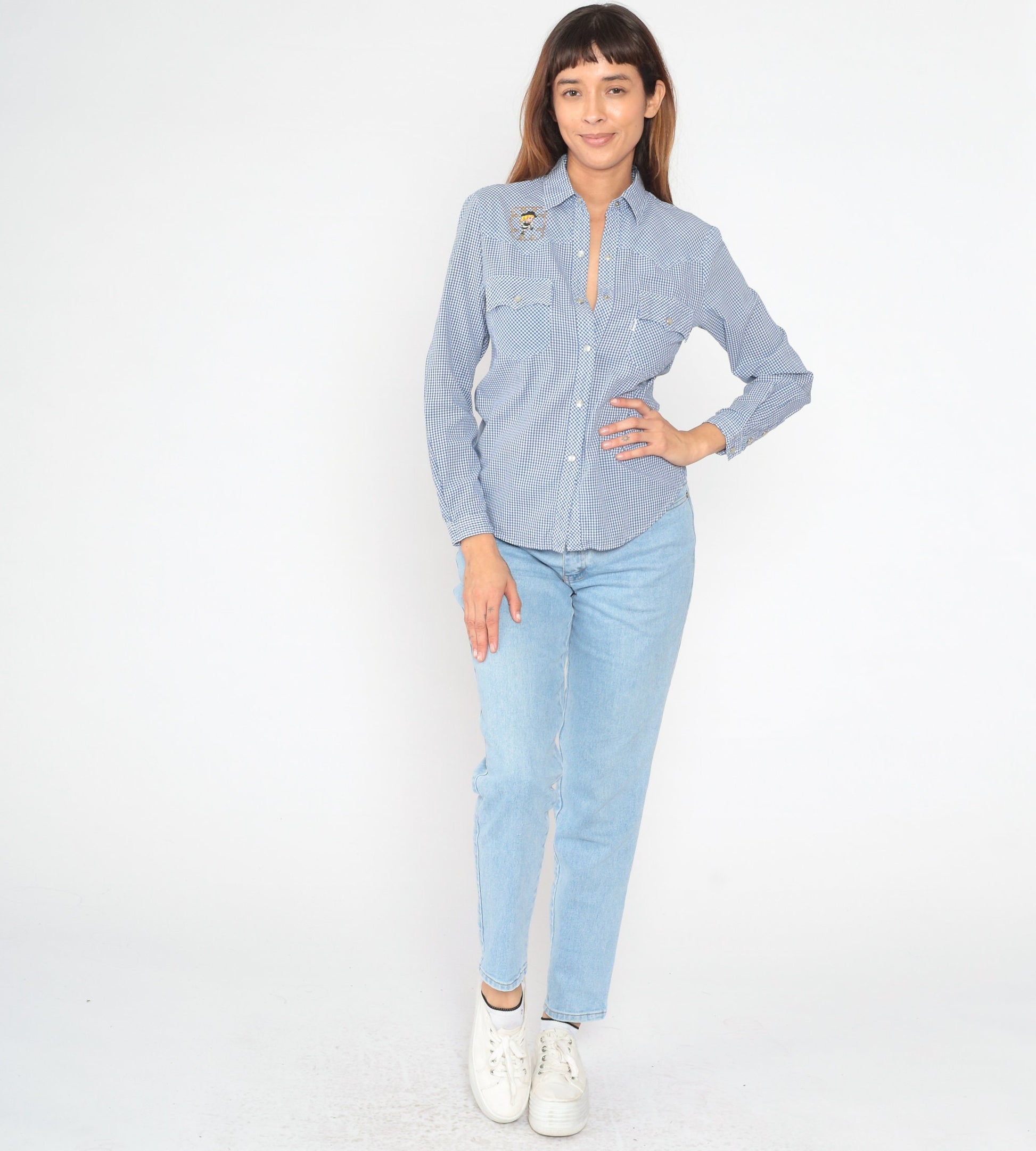 80s Levi's Western Shirt Gingham Pearl Snap Cowgirl Embroidered Extra Small