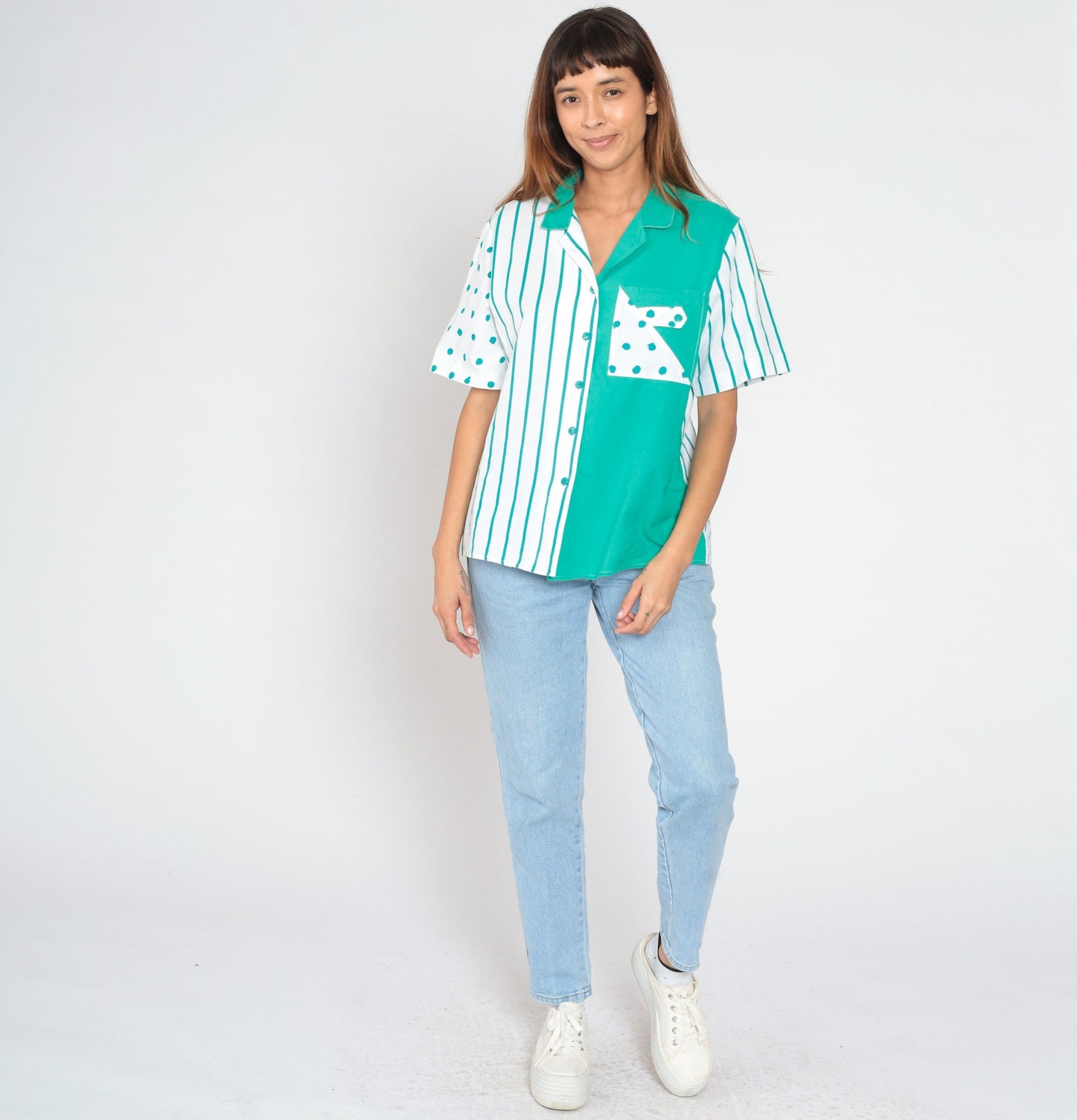 90s Colour Block Button-Up Blouse White Green Polka Dot Stripe Cotton Large L