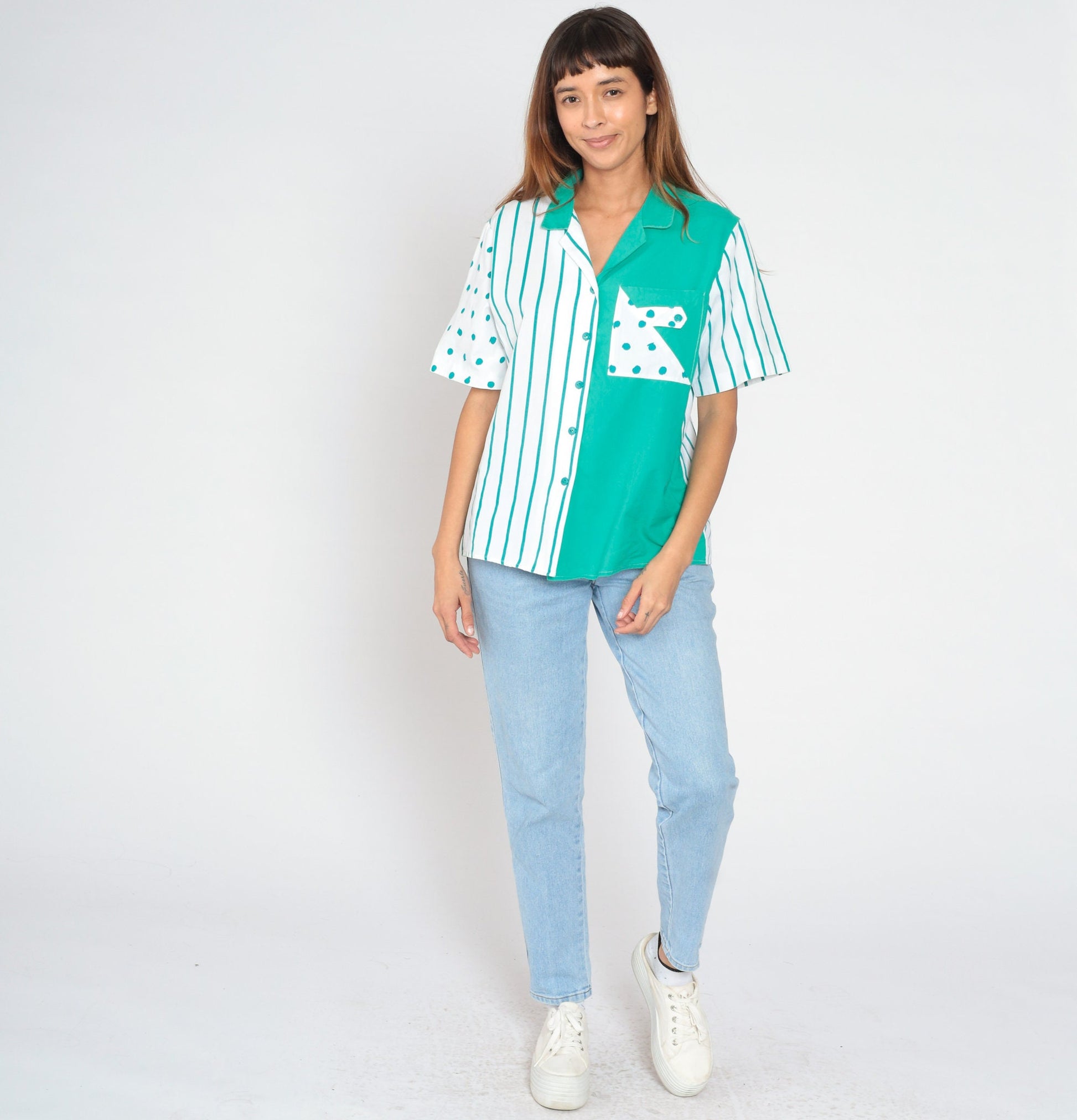 90s Colour Block Button-Up Blouse White Green Polka Dot Stripe Cotton Large L