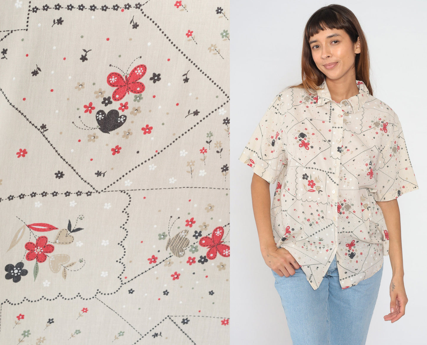 90s Floral Butterfly Button-Up Blouse Short Sleeve Cotton Shirt Extra Large XXL