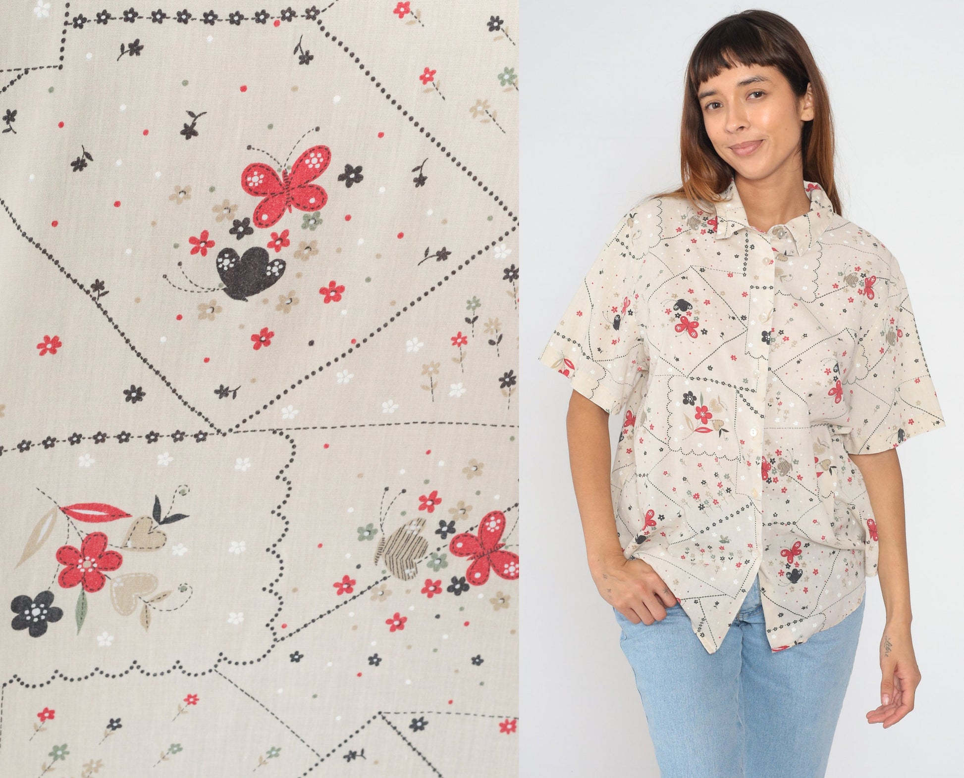 90s Floral Butterfly Button-Up Blouse Short Sleeve Cotton Shirt Extra Large XXL