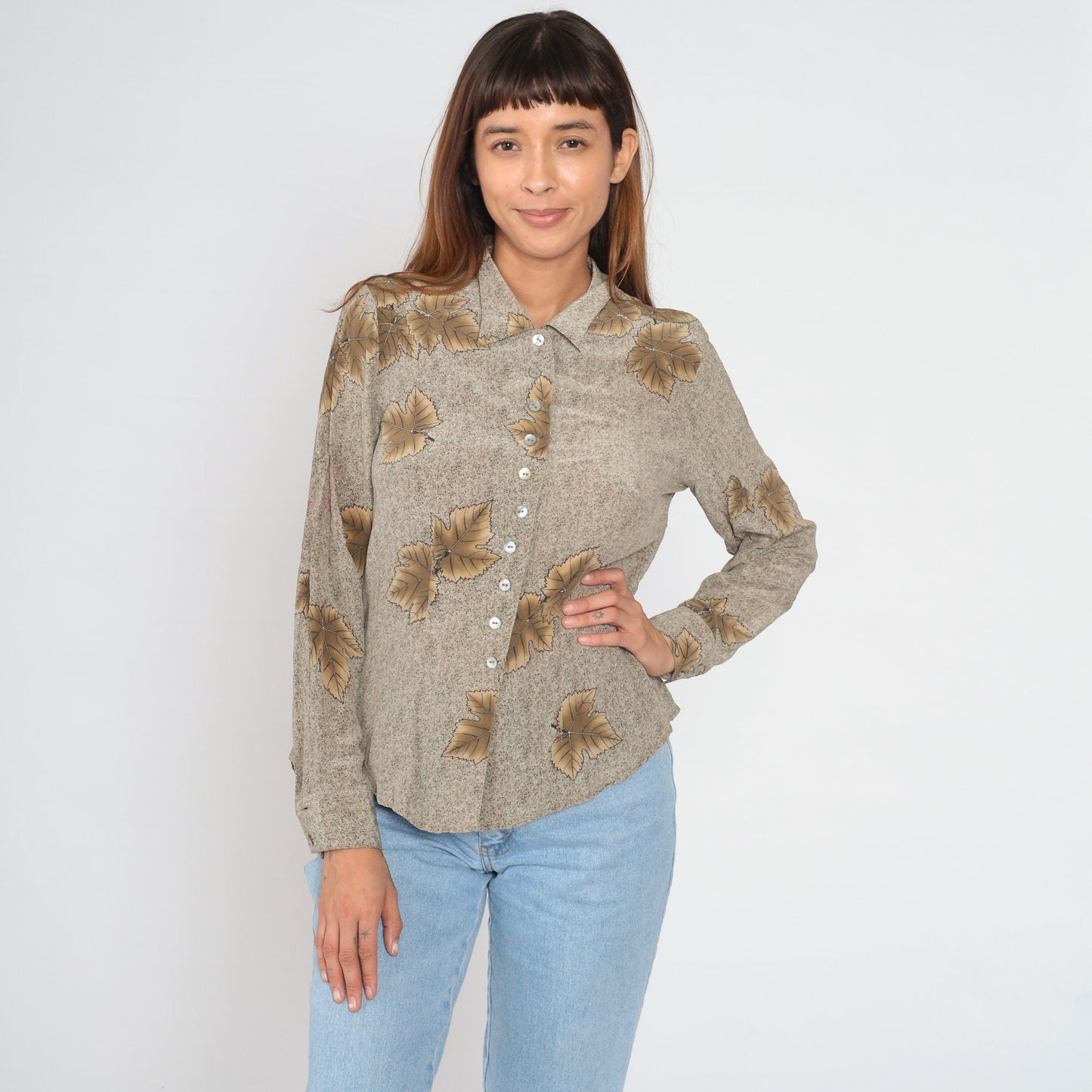90s Victoria Soie Silk Leaf Print Blouse Brown Button-Up Medium