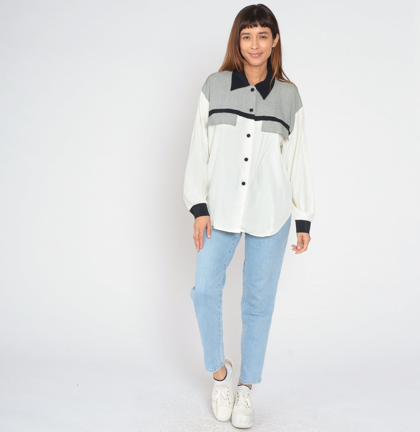 90s Black and White Gingham Checkered Button-Up Blouse Long Sleeve Collared Medium