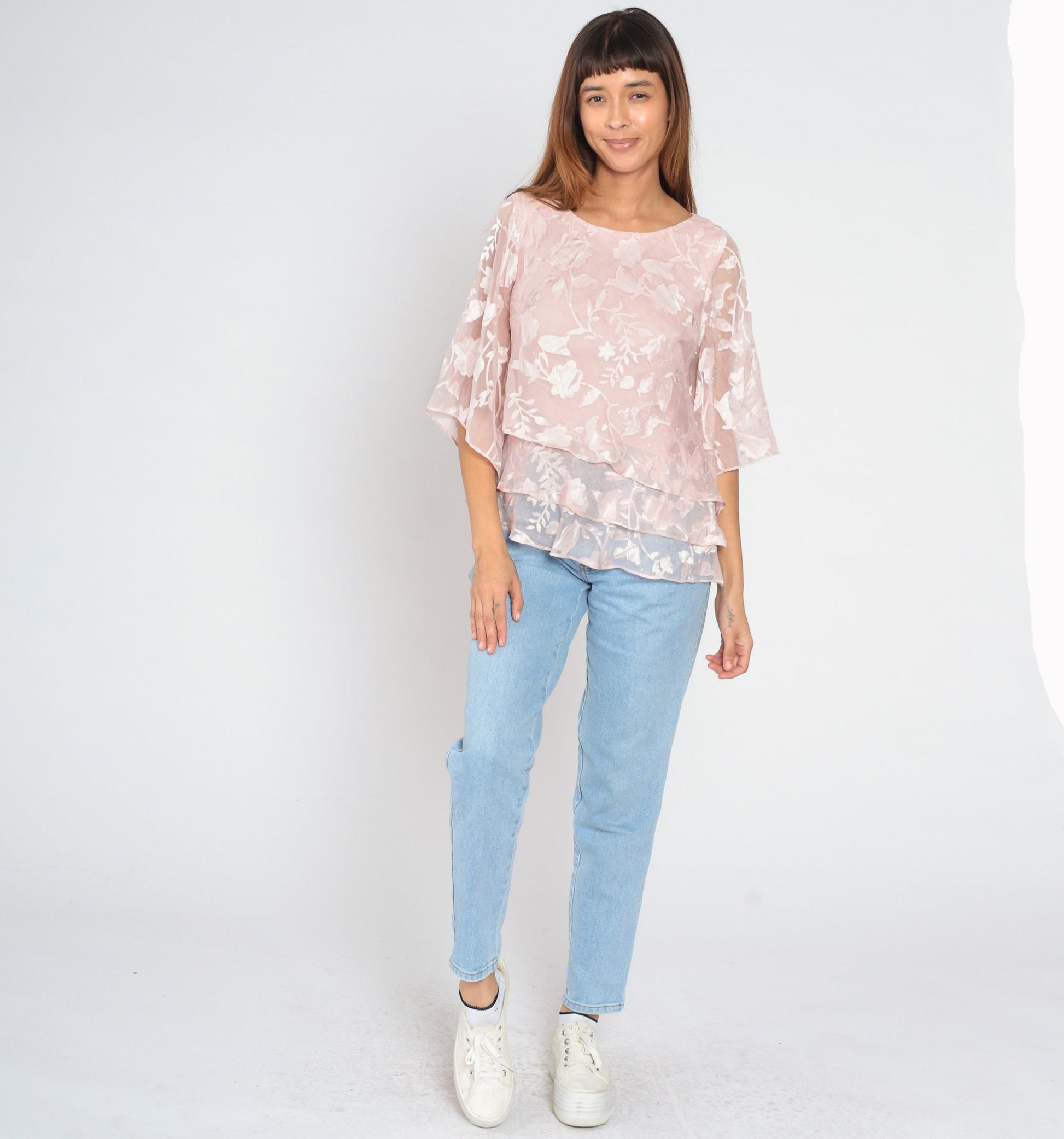 Y2K Pink Floral Blouse Alex Evenings Sparkly Wide Sleeve Small