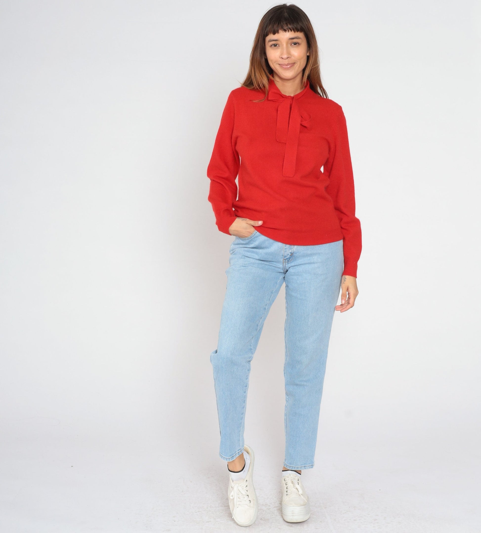 90s Halston Red Wool Angora Blend Sweater Bow Tie Neckline Medium M