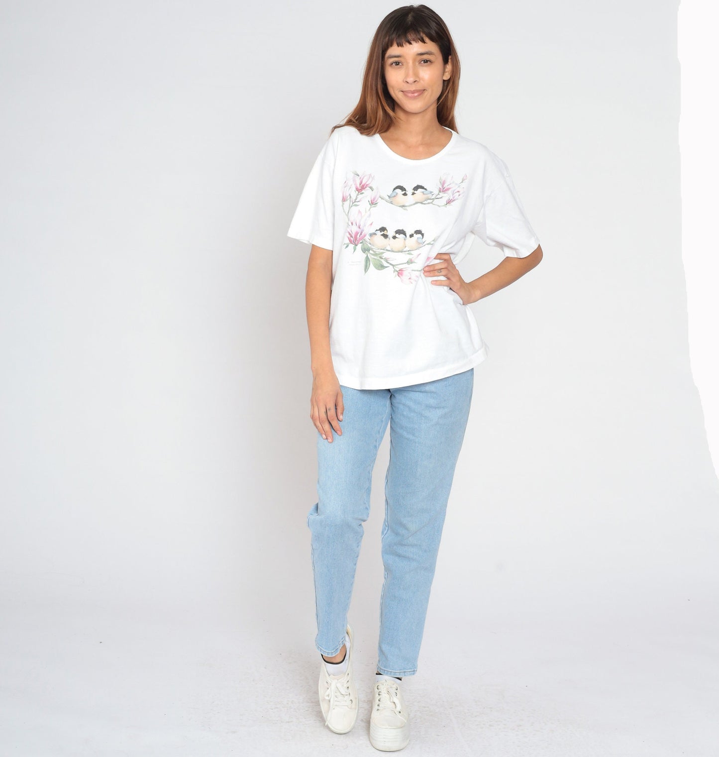90s Floral Bird Graphic T-Shirt White Cotton Single Stitch Extra Large XL