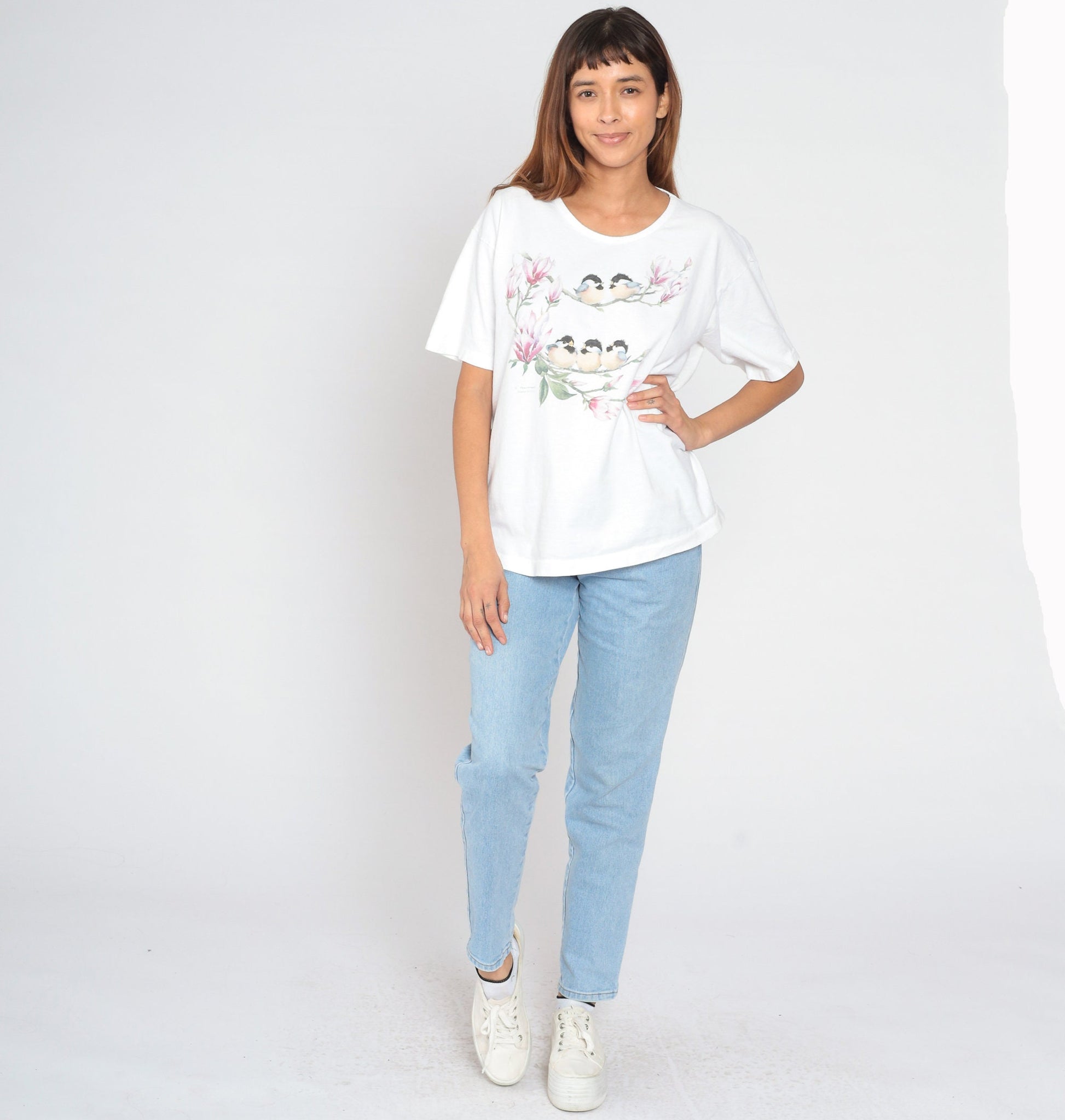 90s Floral Bird Graphic T-Shirt White Cotton Single Stitch Extra Large XL