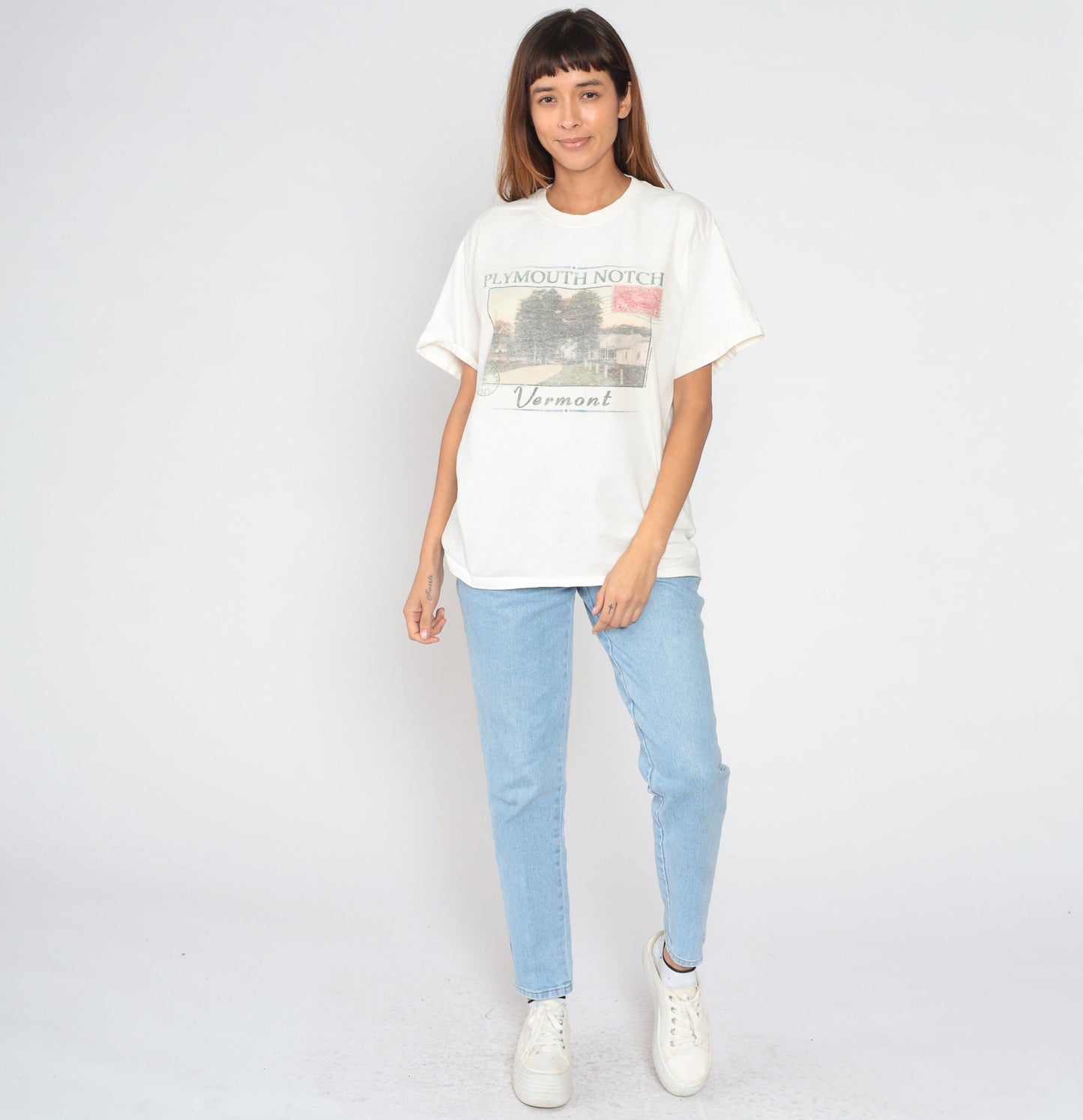 00s Plymouth Notch Vermont Graphic T-Shirt Off-White Cotton Tee Large L