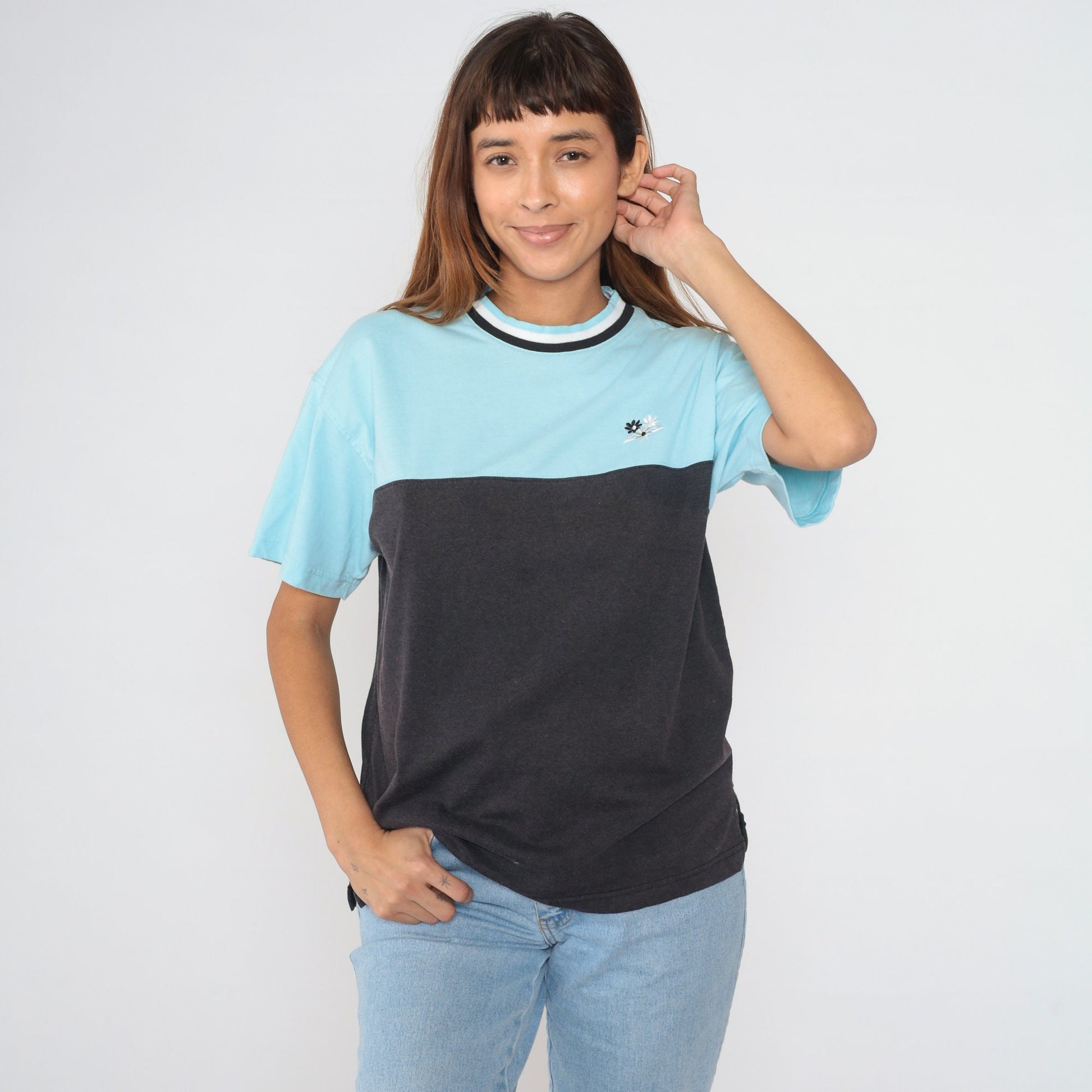 90s Colorblock Ringer Tee Embroidered Floral Blue Black Medium