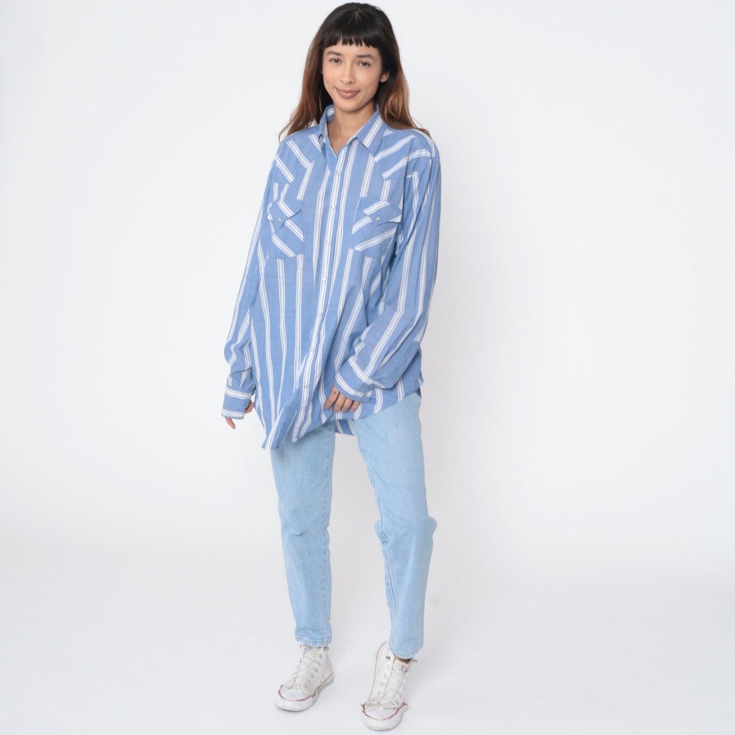 90s Western Pearl Snap Shirt Blue White Striped Long Sleeve Men's Extra Large