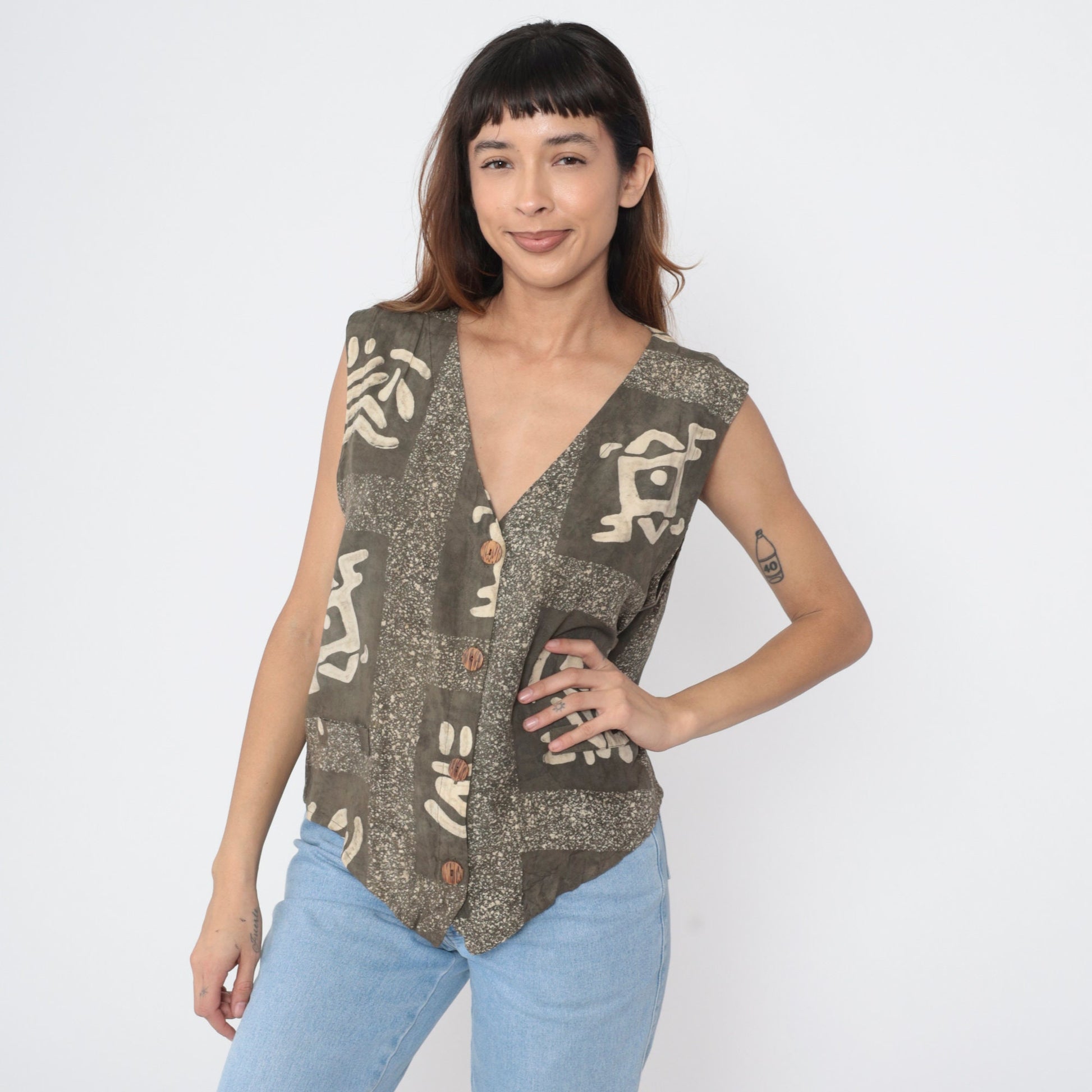Y2K Petroglyph Print Vest Brown Rayon V-Neck Button-Up Sleeveless Large L