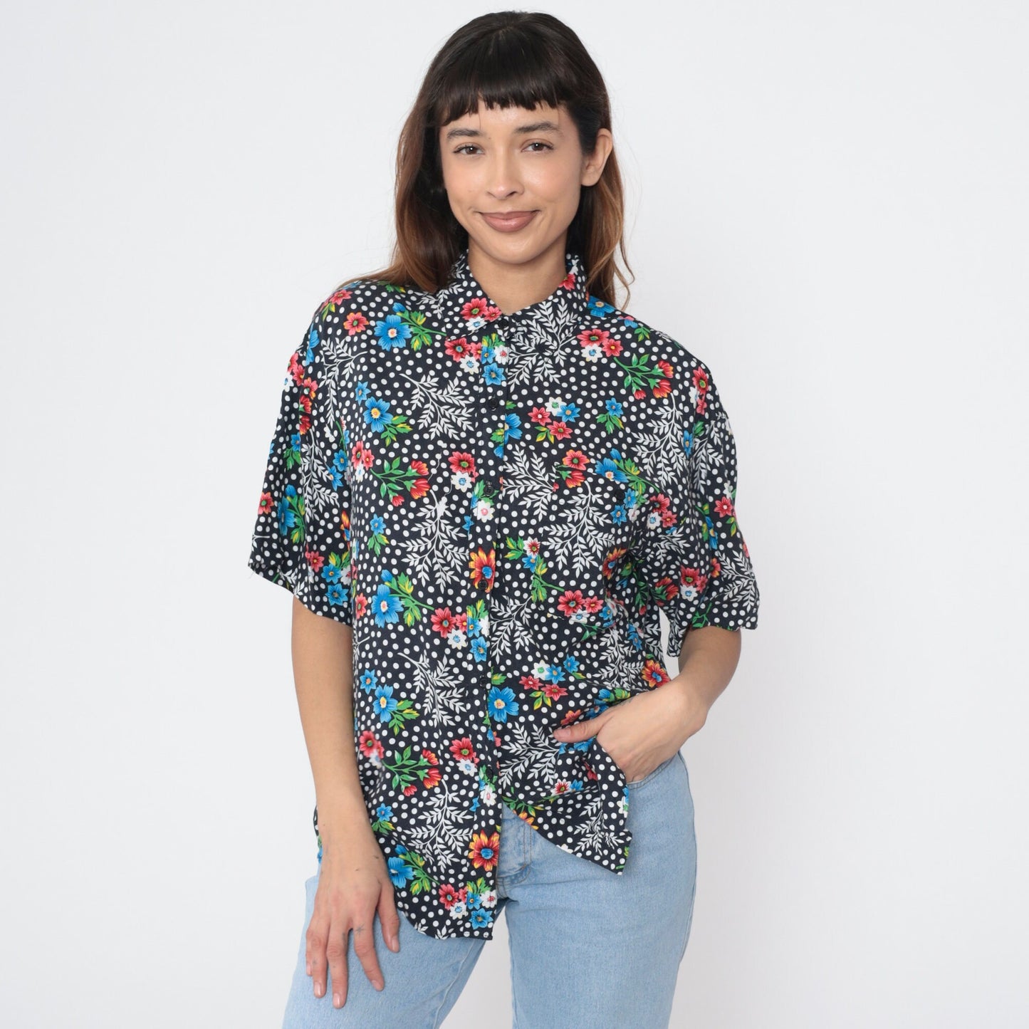 90s Floral Polka Dot Button-Up Blouse Black Rayon Short Sleeve Large L