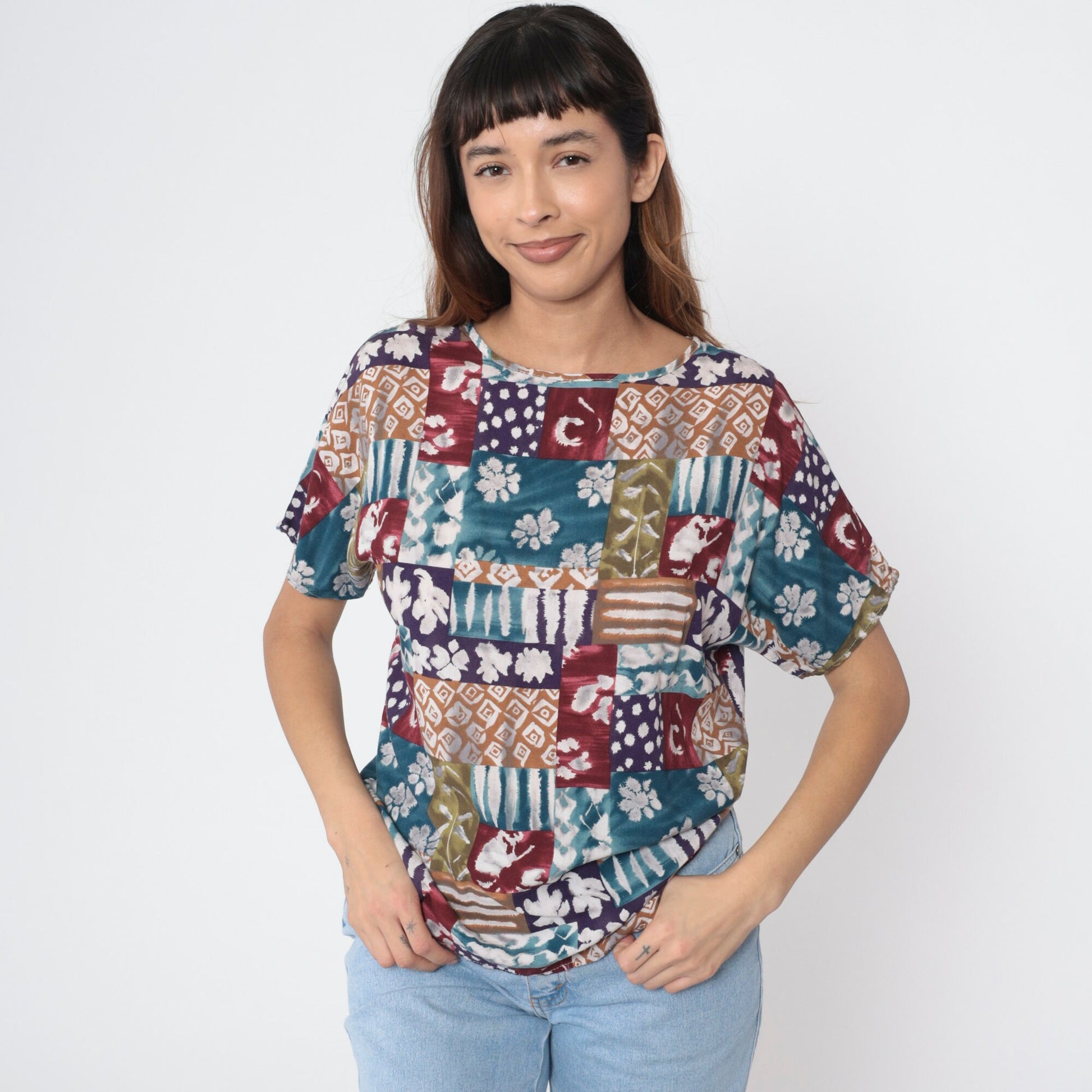 90s Patchwork Floral Geometric Short Sleeve Blouse Blue Burgundy Medium