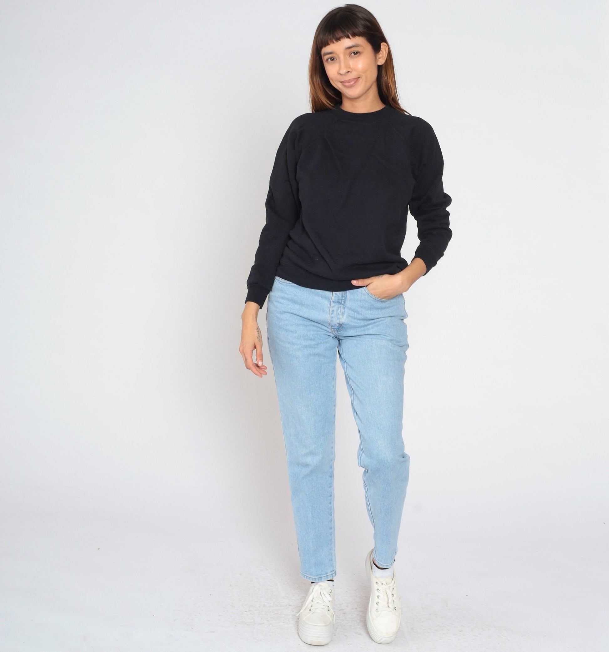 90s Black Raglan Sweatshirt Hanes Her Way Crewneck Pullover Medium M