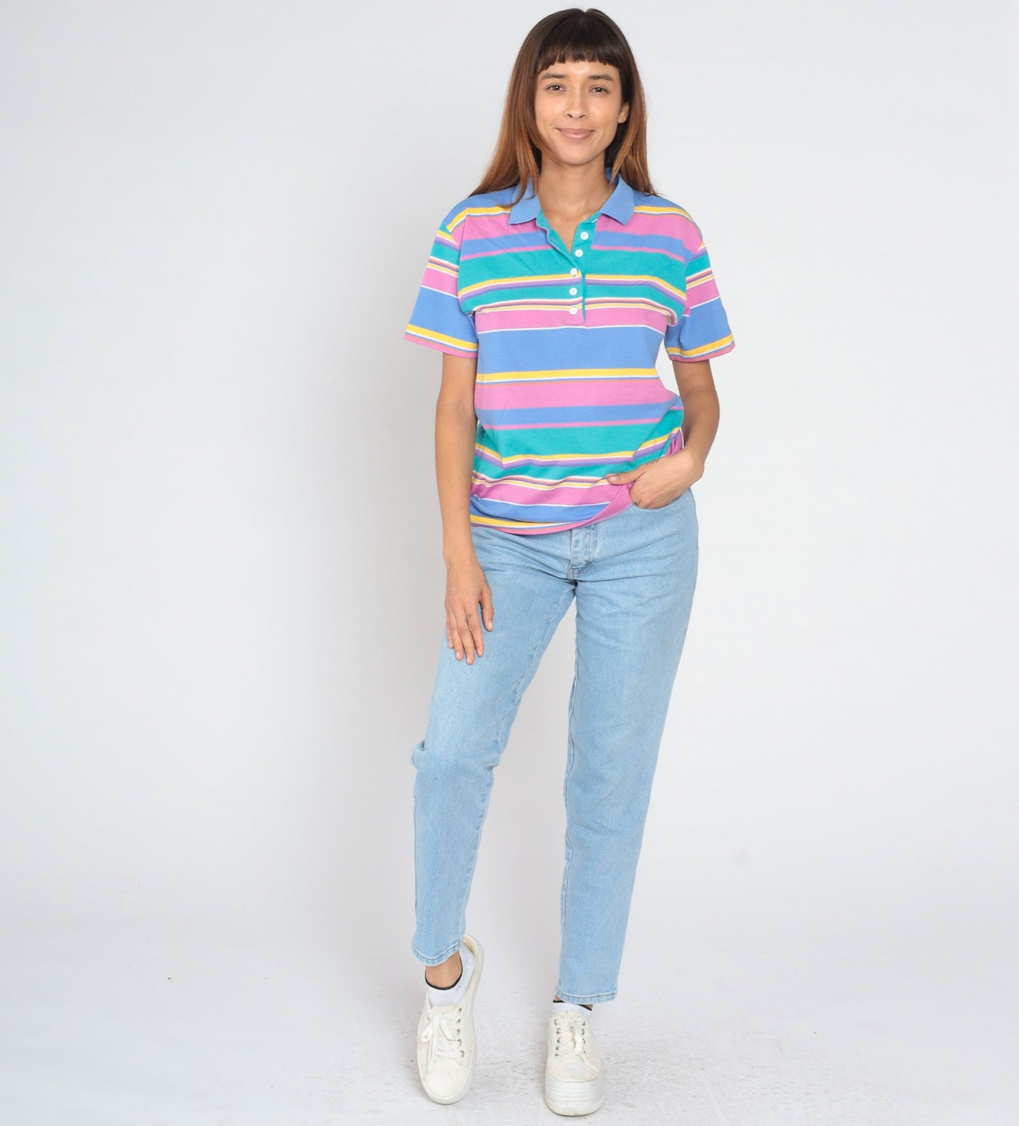 90s Jantzen Striped Polo Shirt Multicolour Half-Button Collared Tee Medium M