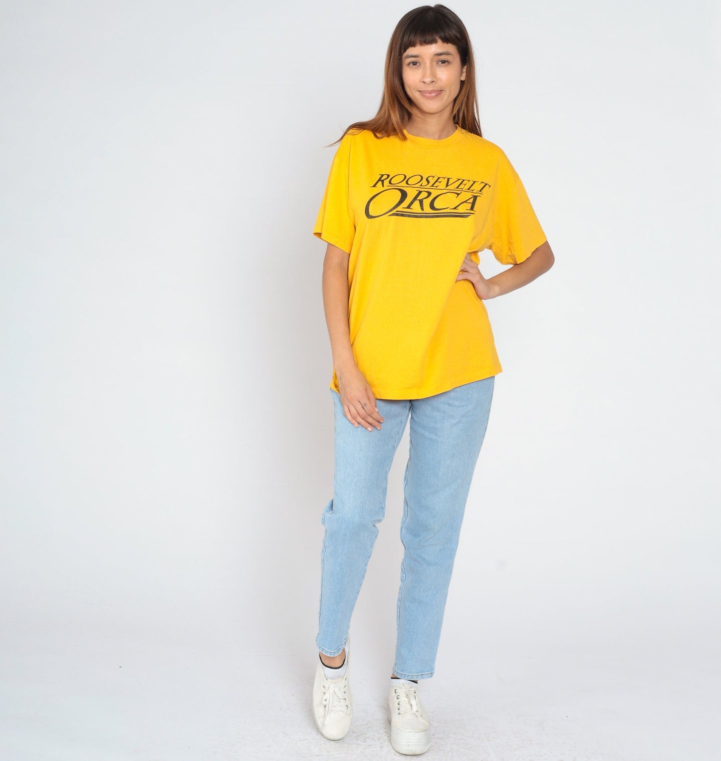 80s Roosevelt Orca Seattle High School Graphic Tee Yellow Single Stitch Large