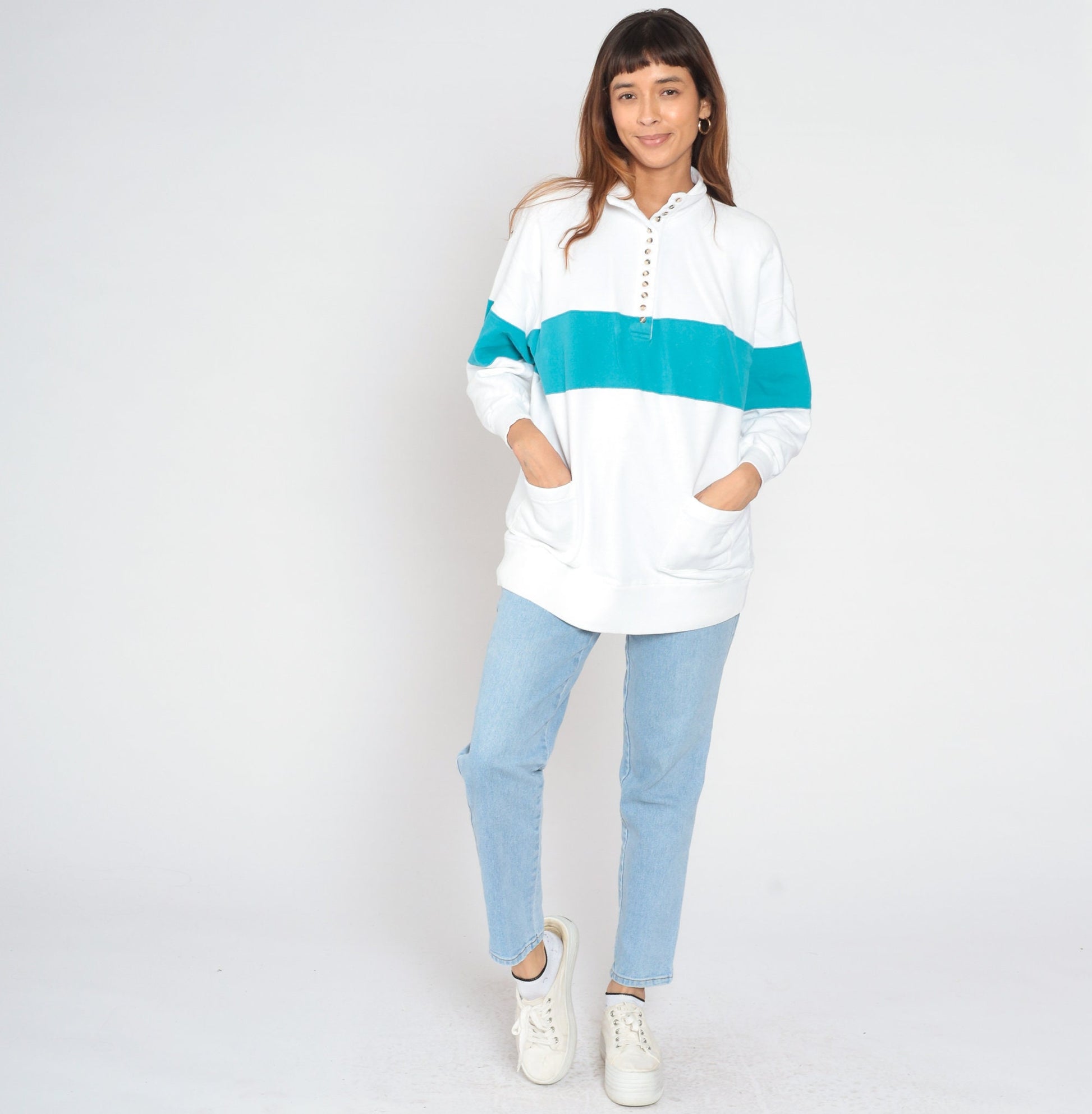 90s Striped Henley Sweatshirt White Blue Button-Up Pullover Cotton Large L