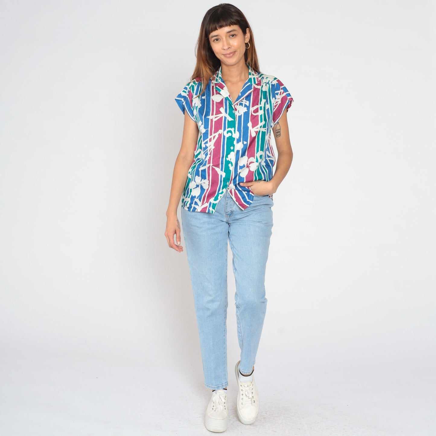 90s Tanjay Striped Floral Button-Up Blouse Cap Sleeve Multicolor Medium