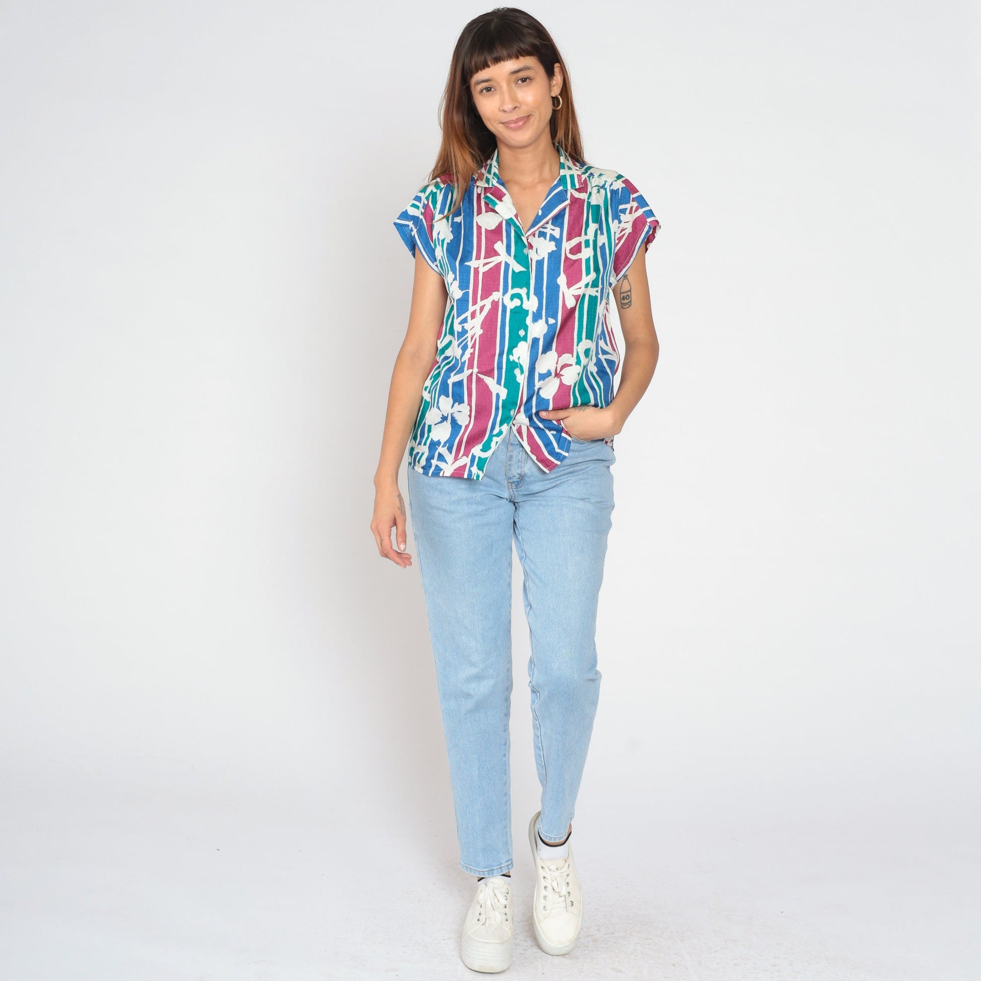 90s Tanjay Striped Floral Button-Up Blouse Cap Sleeve Multicolor Medium