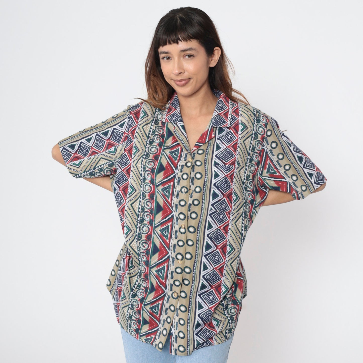 90s Southwestern Striped Button Up Blouse Geometric Print Green Red Beige Extra Large
