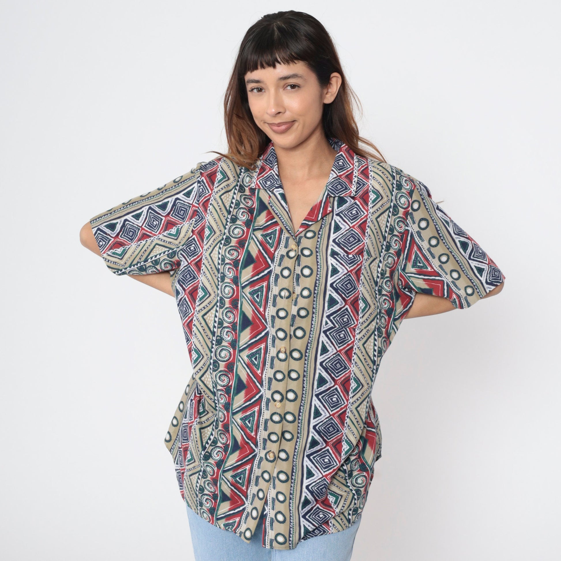 90s Southwestern Striped Button Up Blouse Geometric Print Green Red Beige Extra Large