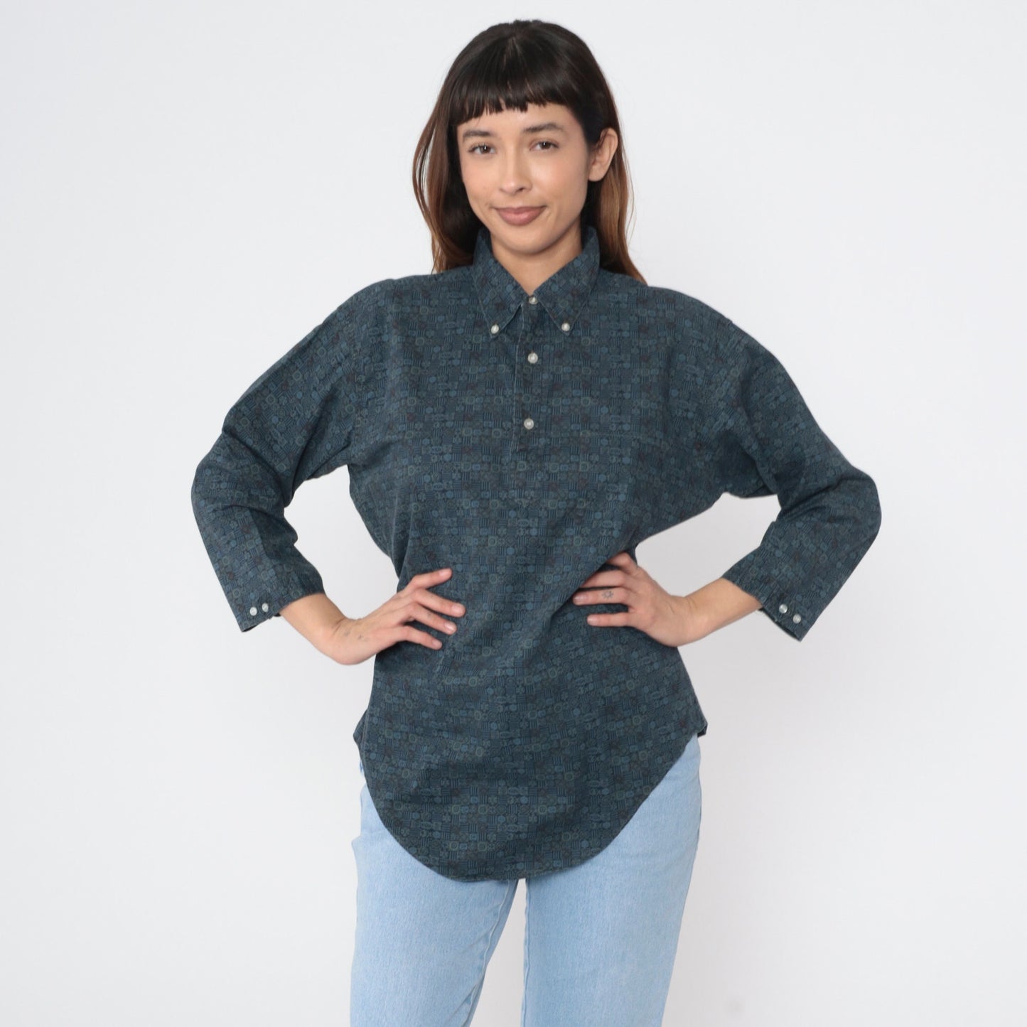 90s Towncraft Polo Shirt Blue Geometric Print Quarter Button 3/4 Sleeve Large L