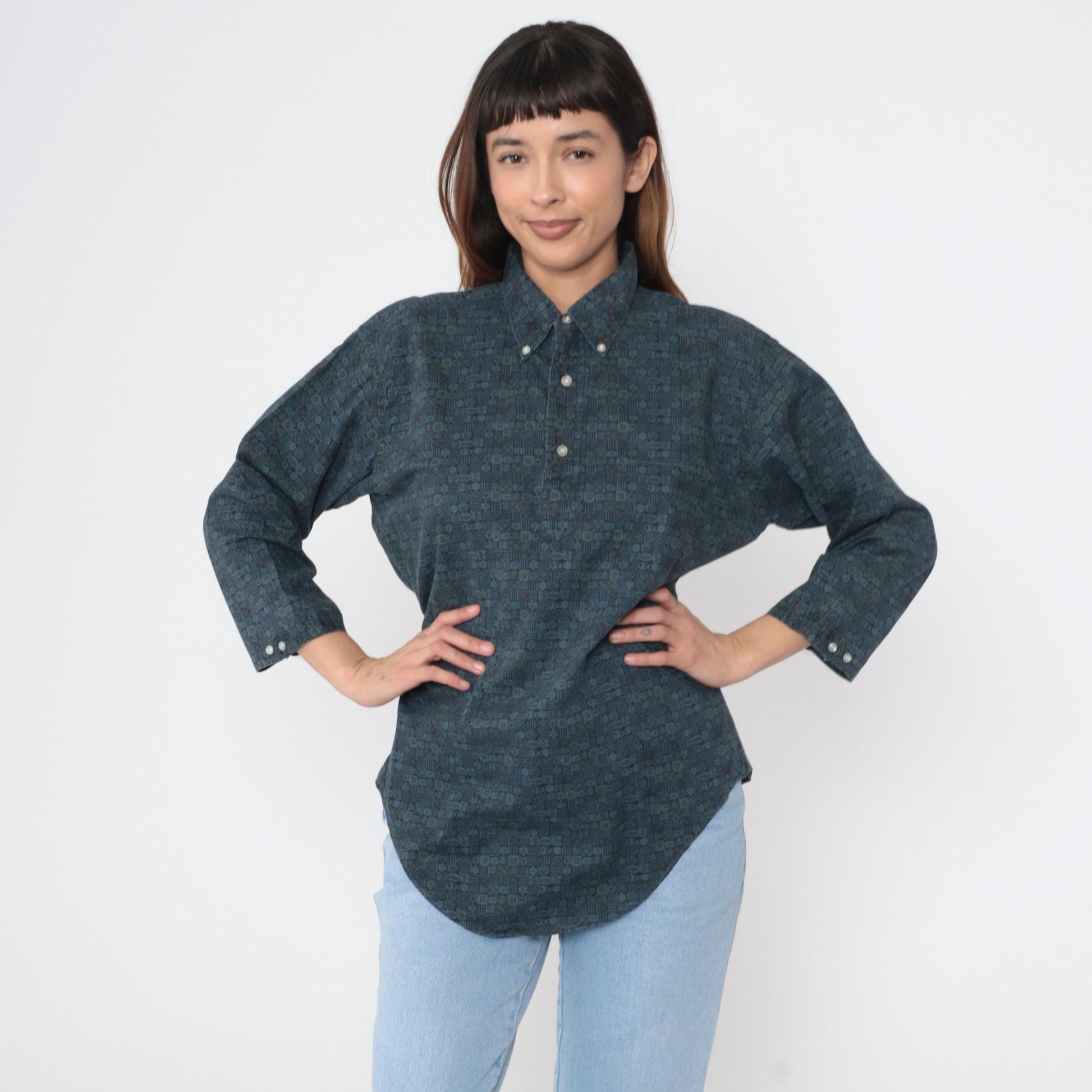 90s Towncraft Polo Shirt Blue Geometric Print Quarter Button 3/4 Sleeve Large L