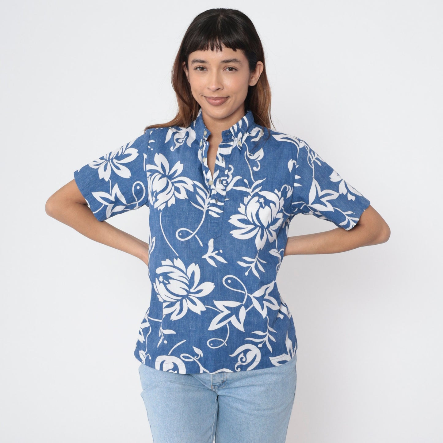 00s Blue Floral Tropical Cotton Button-Up Shirt Short Sleeve Extra Small