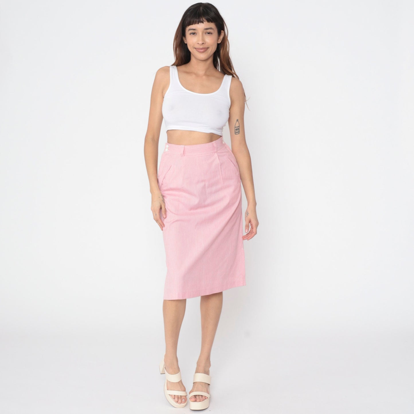 80s Pink Pinstriped Midi Skirt High Waist Straight Cut Small S