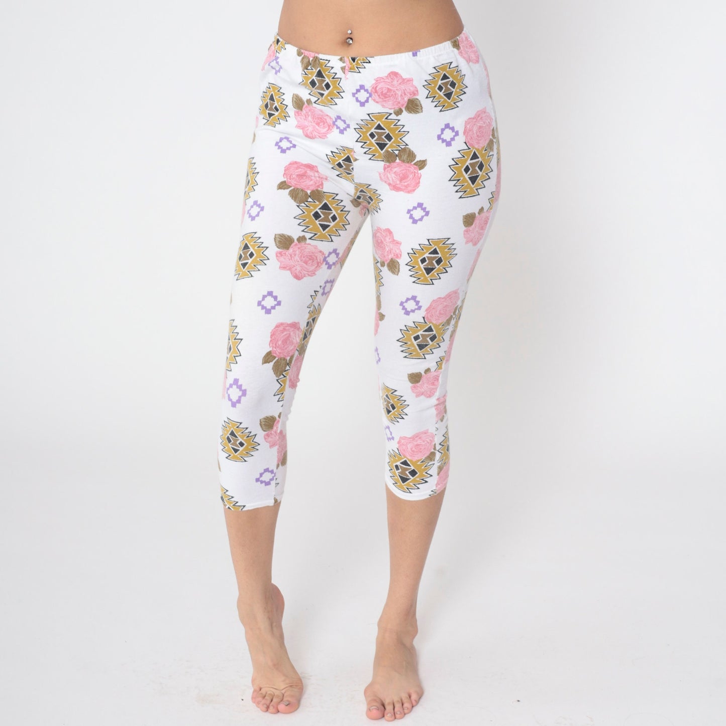 90s Floral Southwestern Capri Leggings White Pink Rose High Waist Extra Small