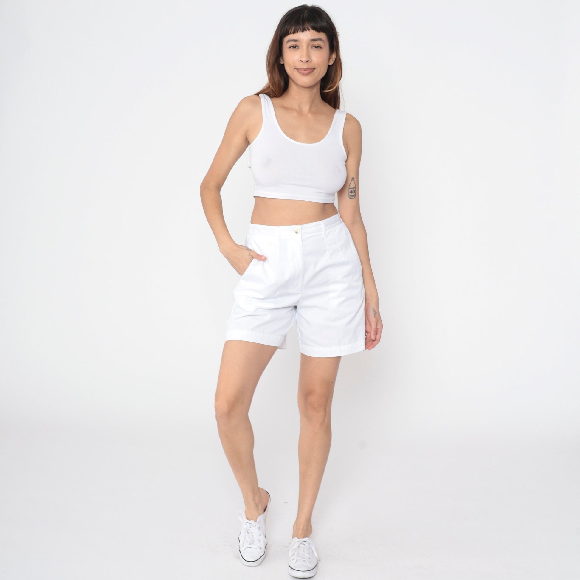 90s White Pleated High-Waist Shorts Cotton Blend Preppy Medium 8