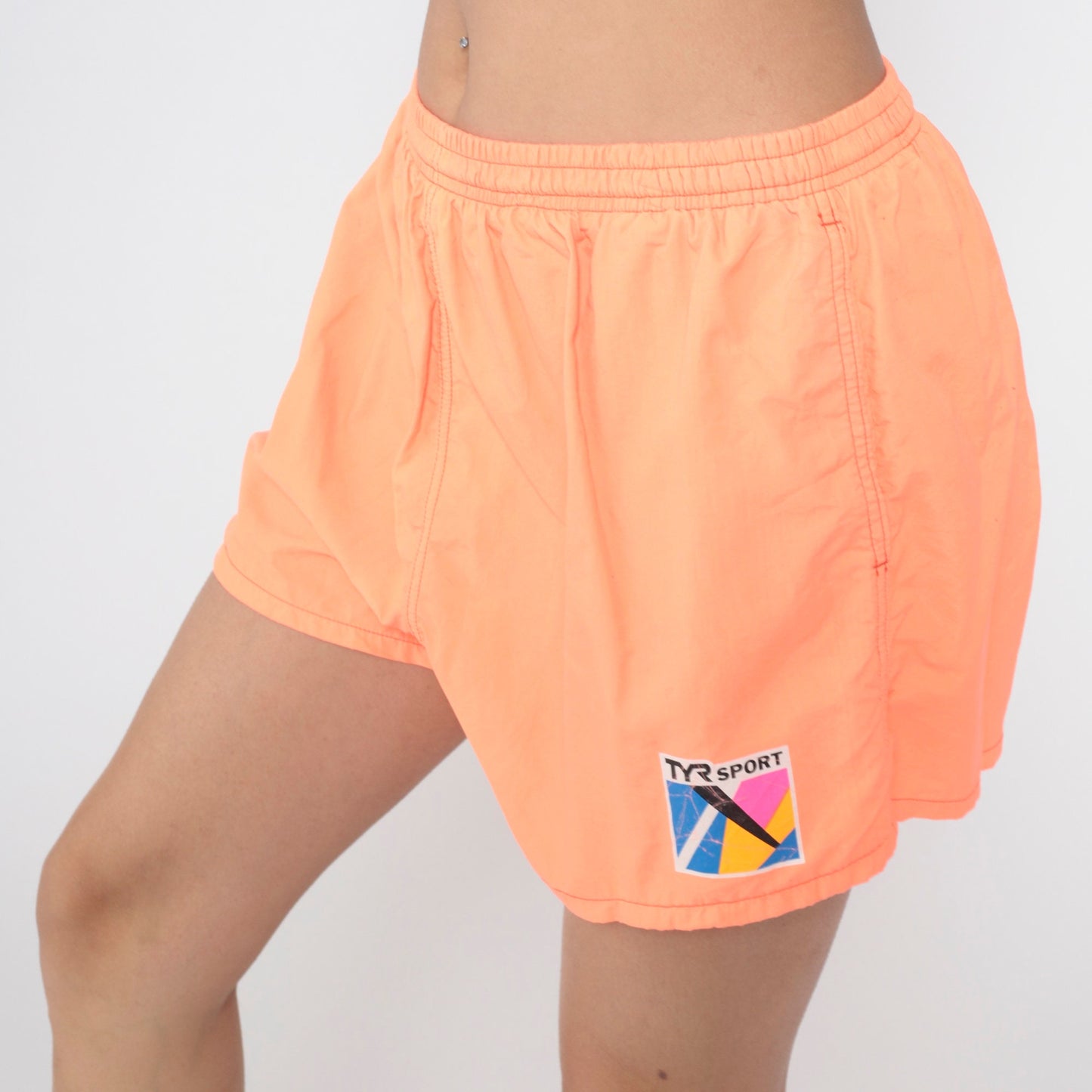 90s Tyr Sport Neon Orange Nylon Swim Shorts High Waist Medium