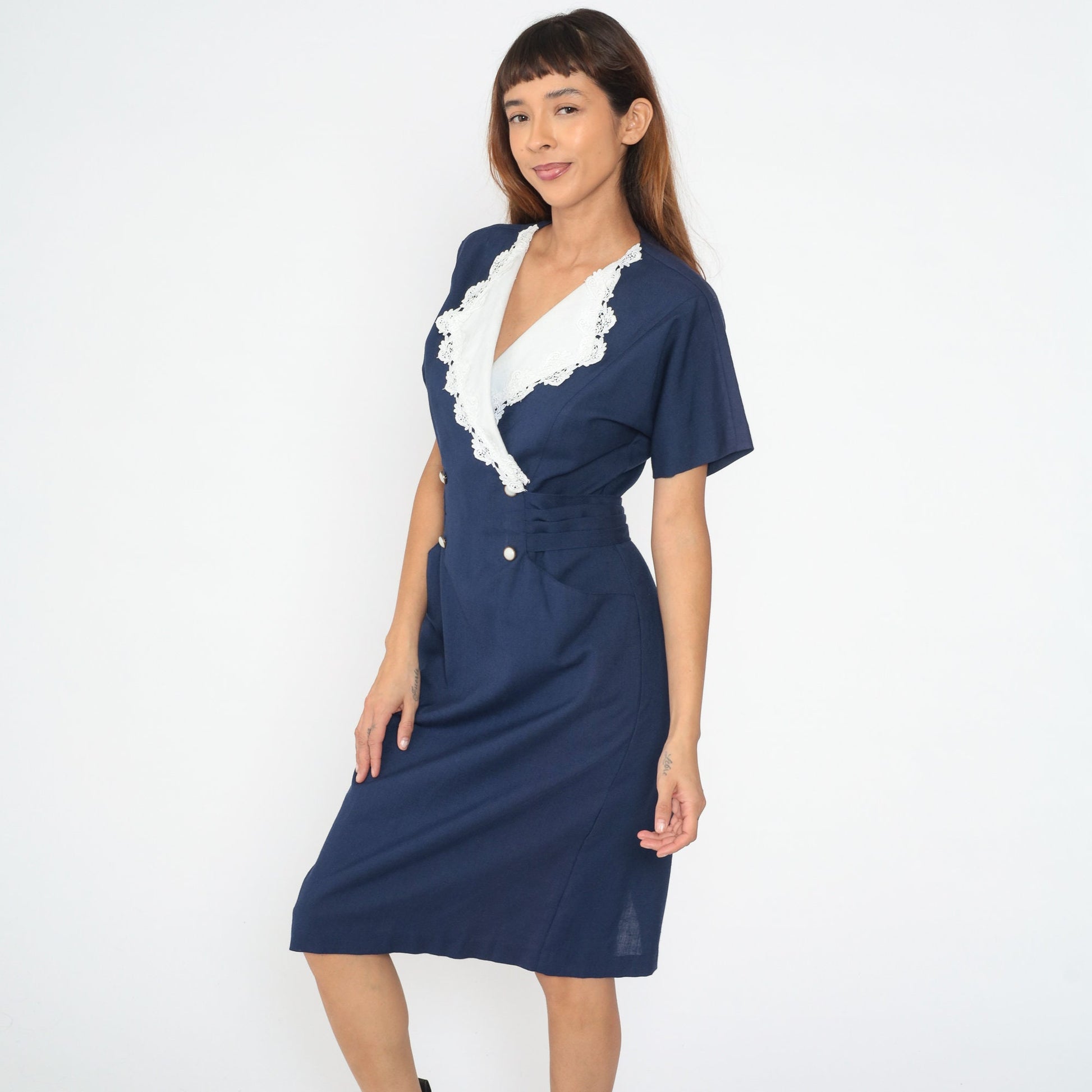 80s Navy Shirtdress White Lace Collar Double Breasted Wrap Midi Medium